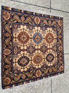 4x4ft, Multicolor Square Mazari Rug –Turkmen Handmade Afghan Wool Area Carpet, Tribal Pattern, Small Room or Entryway Accent Rug 131x131cm