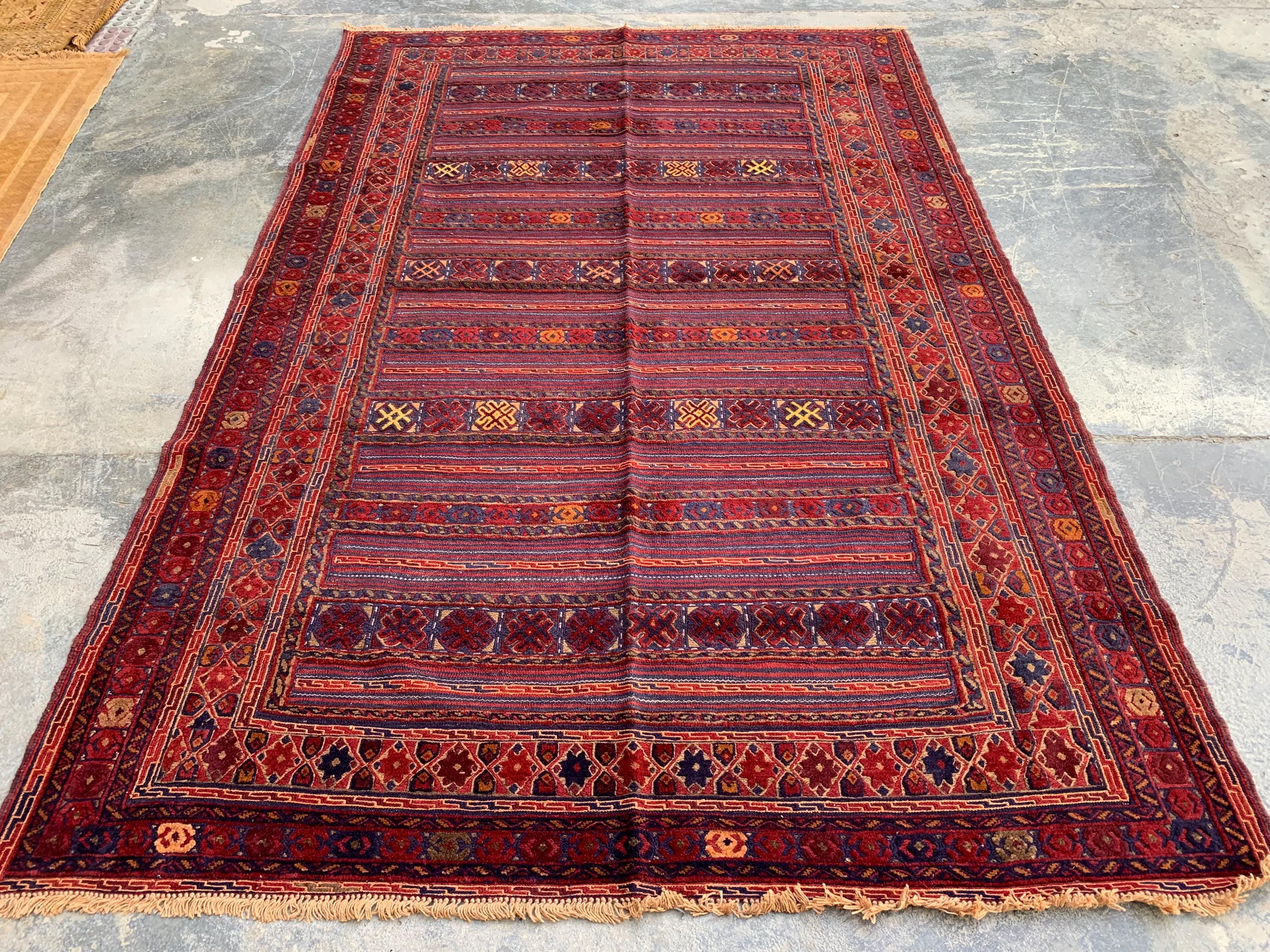 6x10ft Vintage Afghan Kilim Rug– Turkmen Handwoven Tribal Wool Area Rug | Red & Navy Oriental Geometric Carpet |Boho Farmhouse Decor 294x190