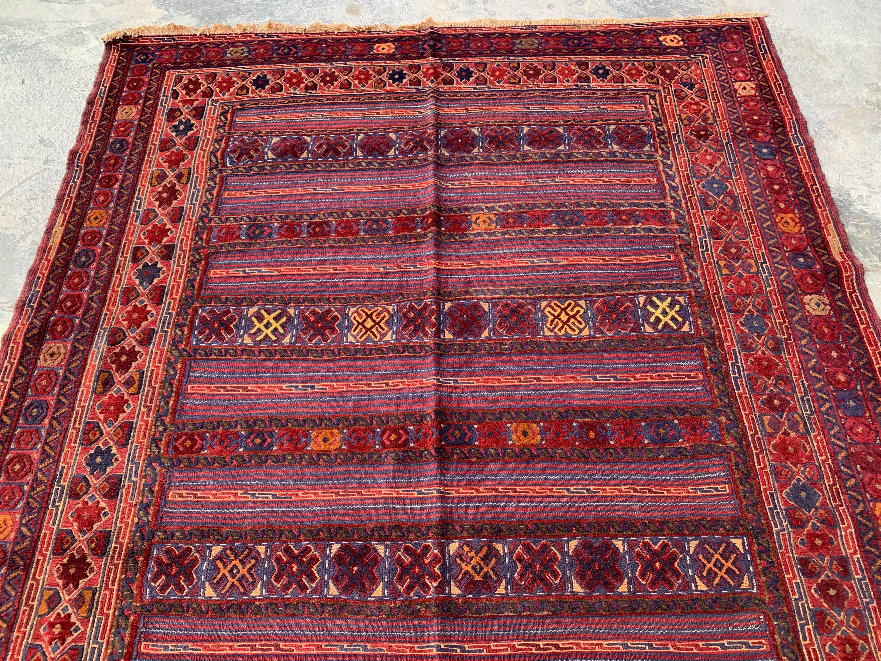 6x10ft Vintage Afghan Kilim Rug– Turkmen Handwoven Tribal Wool Area Rug | Red & Navy Oriental Geometric Carpet |Boho Farmhouse Decor 294x190