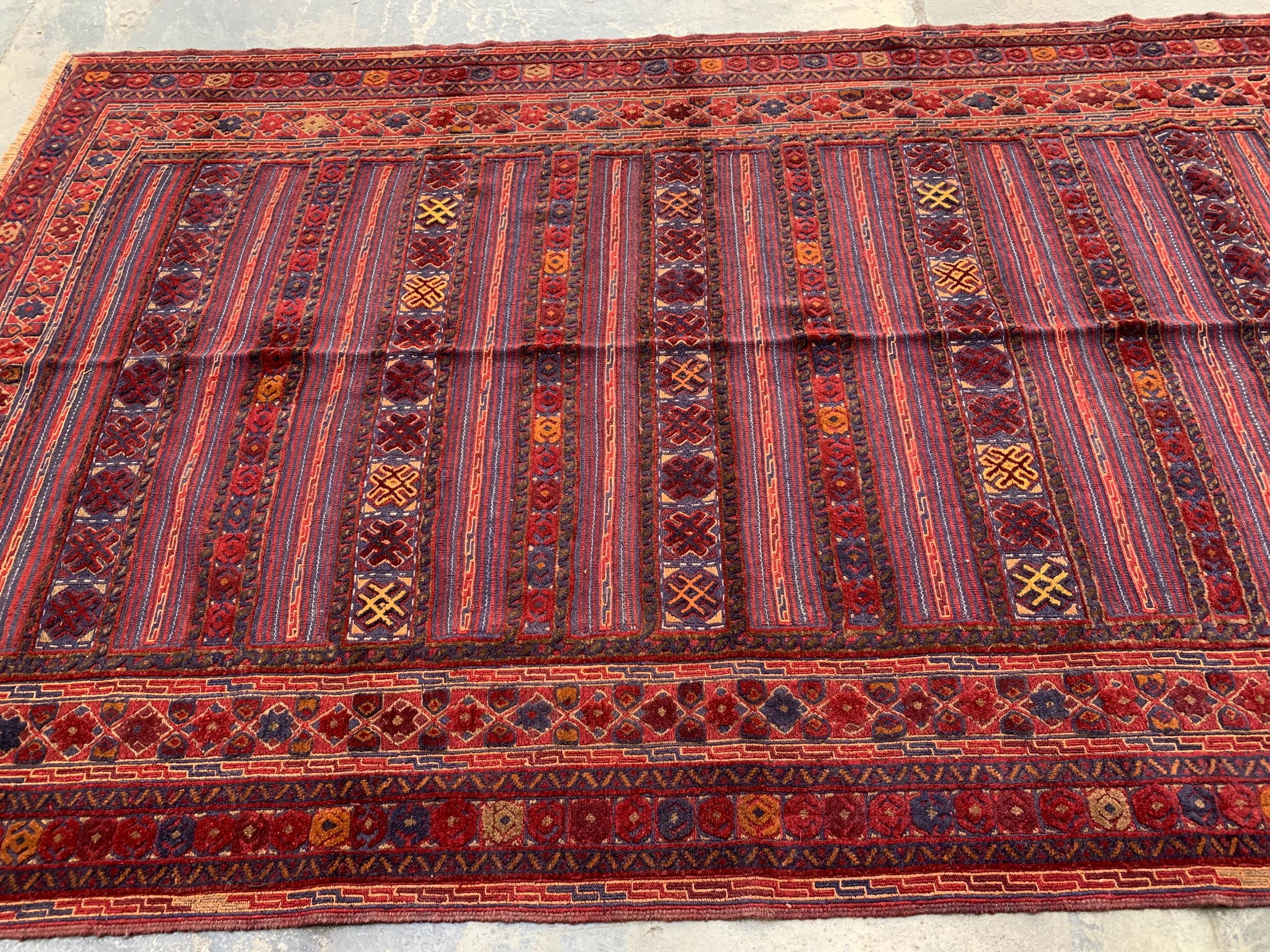 6x10ft Vintage Afghan Kilim Rug– Turkmen Handwoven Tribal Wool Area Rug | Red & Navy Oriental Geometric Carpet |Boho Farmhouse Decor 294x190