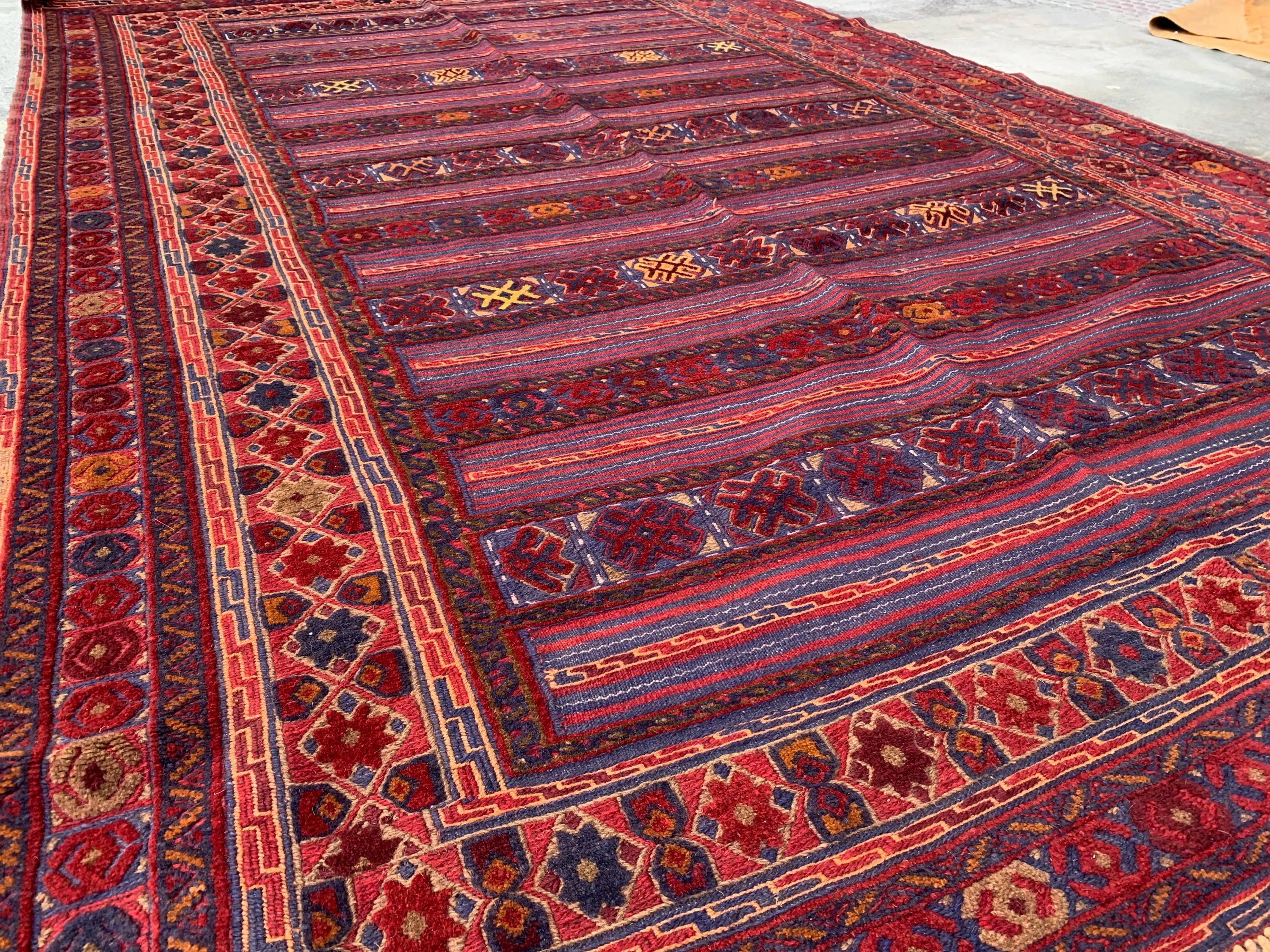 6x10ft Vintage Afghan Kilim Rug– Turkmen Handwoven Tribal Wool Area Rug | Red & Navy Oriental Geometric Carpet |Boho Farmhouse Decor 294x190