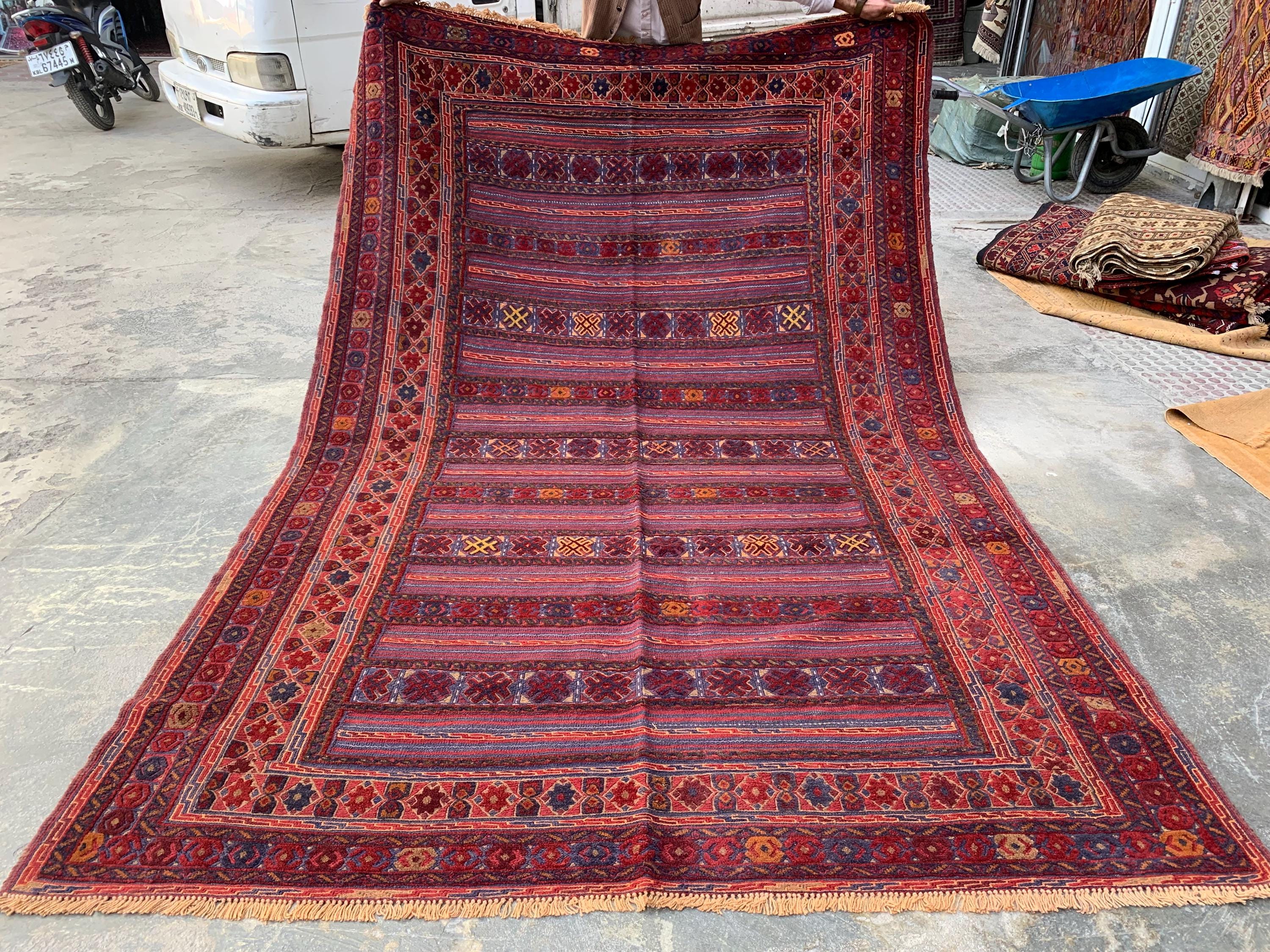 6x10ft Vintage Afghan Kilim Rug– Turkmen Handwoven Tribal Wool Area Rug | Red & Navy Oriental Geometric Carpet |Boho Farmhouse Decor 294x190