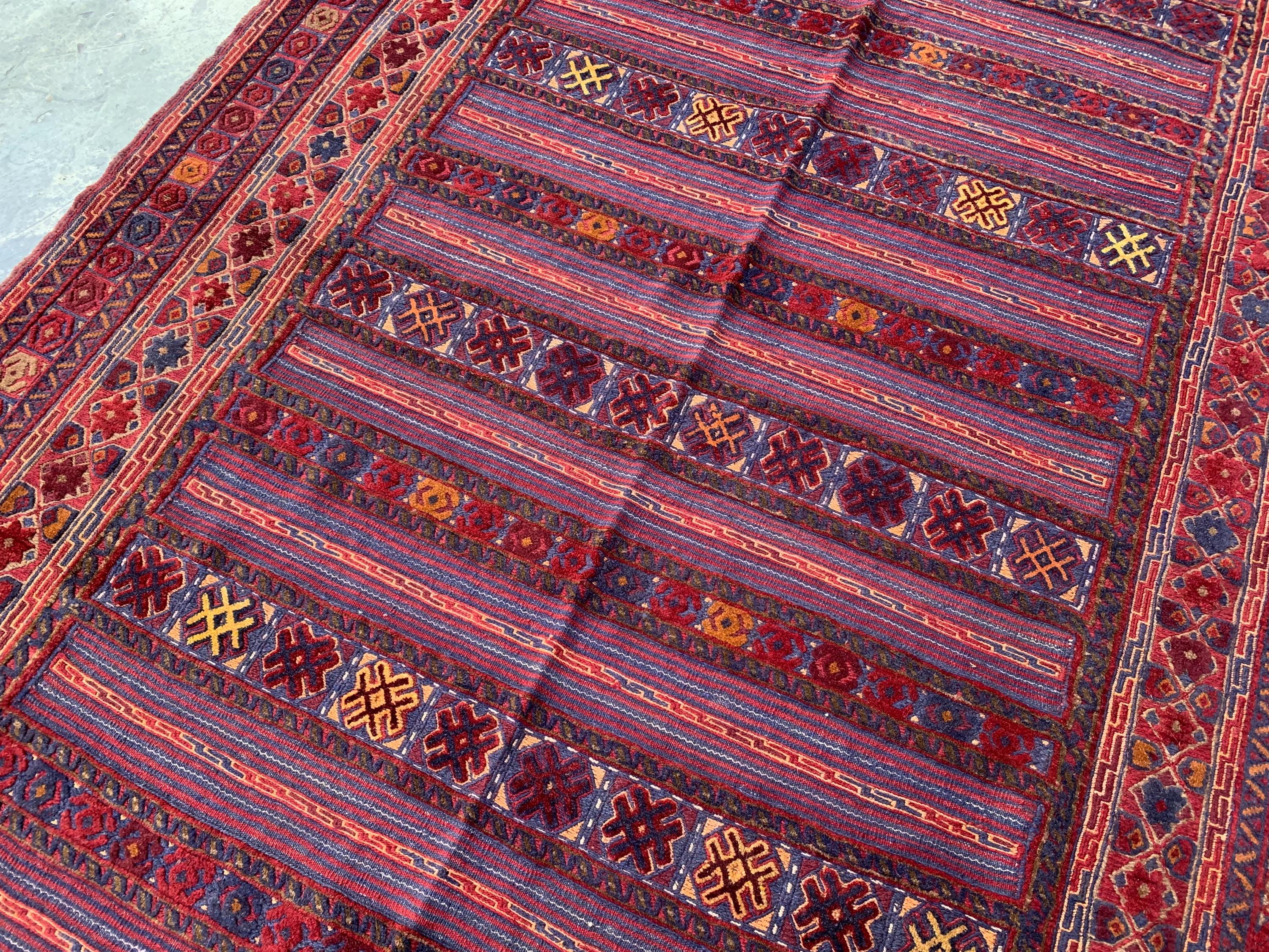 6x10ft Vintage Afghan Kilim Rug– Turkmen Handwoven Tribal Wool Area Rug | Red & Navy Oriental Geometric Carpet |Boho Farmhouse Decor 294x190