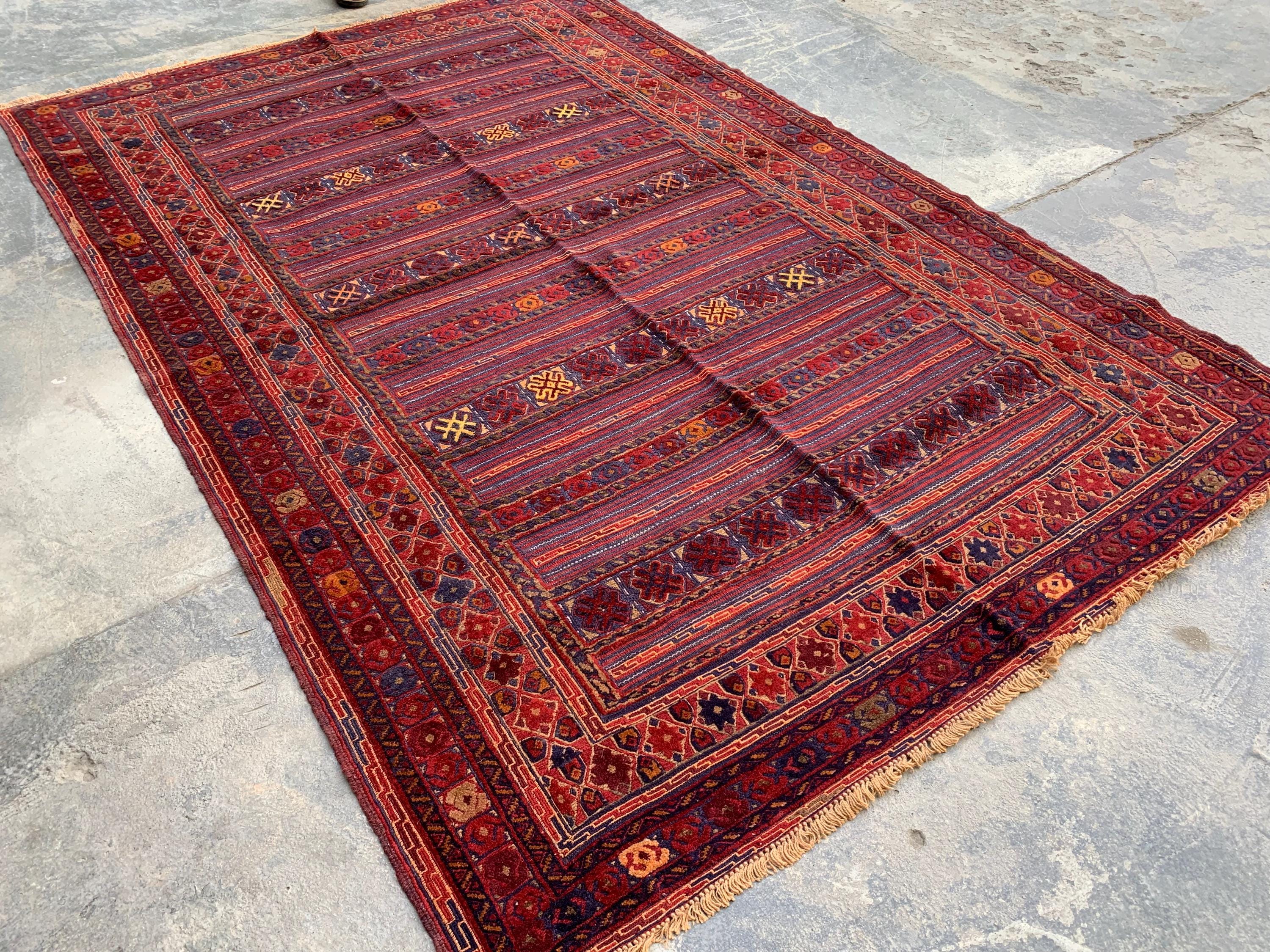 6x10ft Vintage Afghan Kilim Rug– Turkmen Handwoven Tribal Wool Area Rug | Red & Navy Oriental Geometric Carpet |Boho Farmhouse Decor 294x190