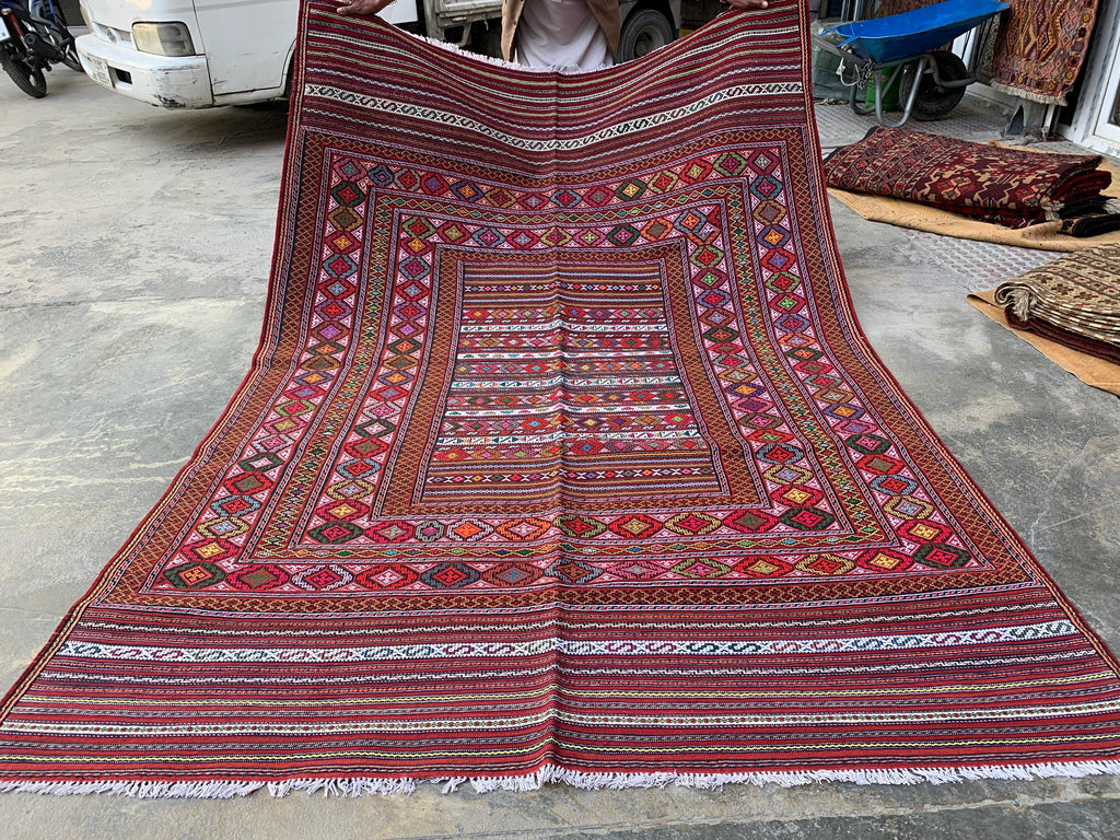 7x9ft, Kilim Rug –Turkmen Handwoven Wool Area Rug – Boho Tribal Geometric Carpet– Afghan Flatweave Rug – Large Living Room Decor 278x186 cm