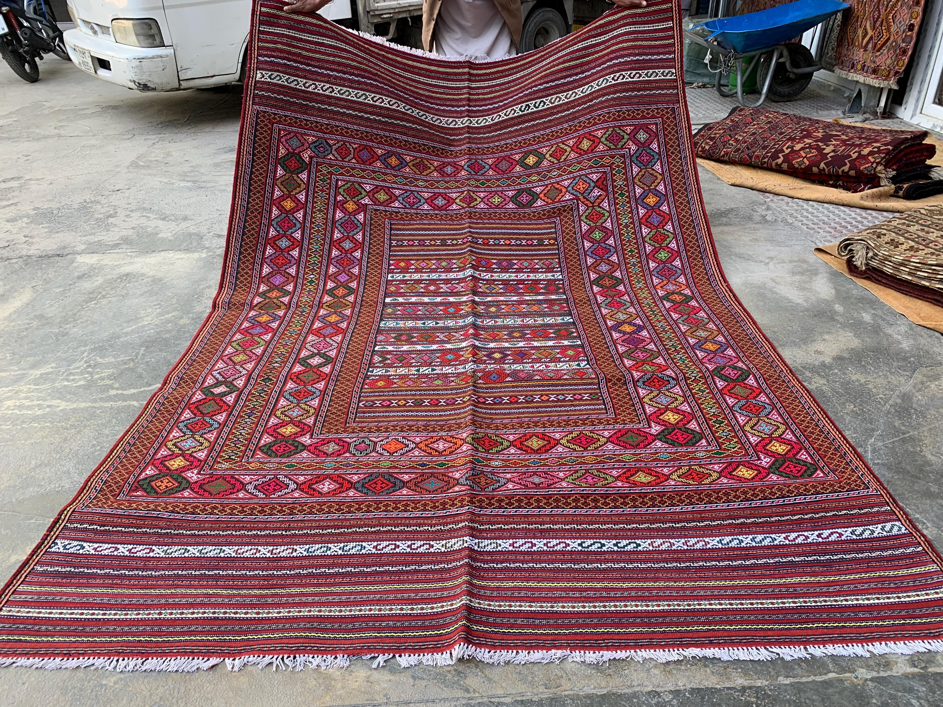 7x9ft, Kilim Rug –Turkmen Handwoven Wool Area Rug – Boho Tribal Geometric Carpet– Afghan Flatweave Rug – Large Living Room Decor 278x186 cm