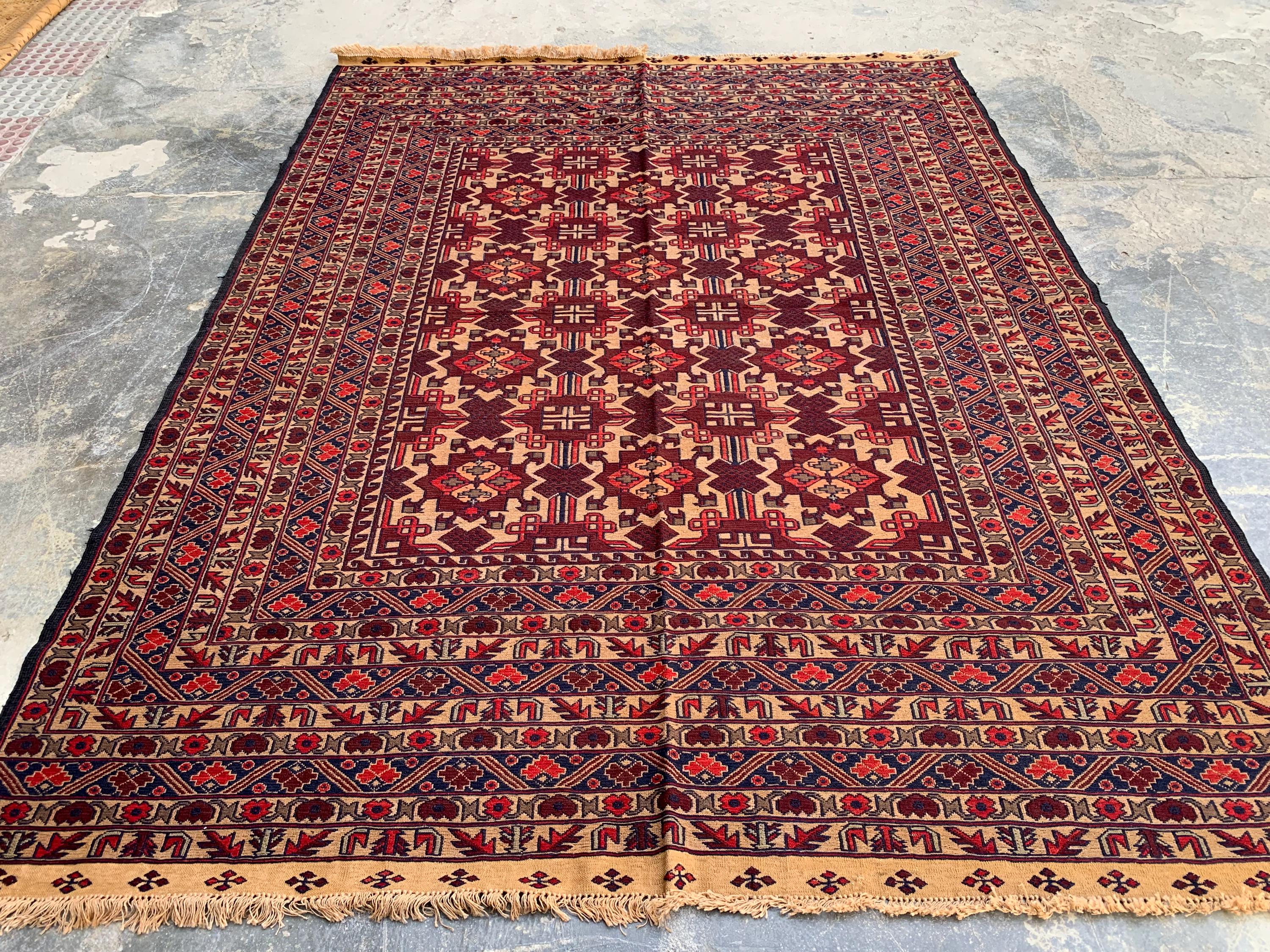 7x9ft, Vintage Afghan Kilim Rug – Handwoven Wool Tribal Carpet – Red Geometric Flatweave – Large Boho Area Rug – Ethnic Living Room Decor