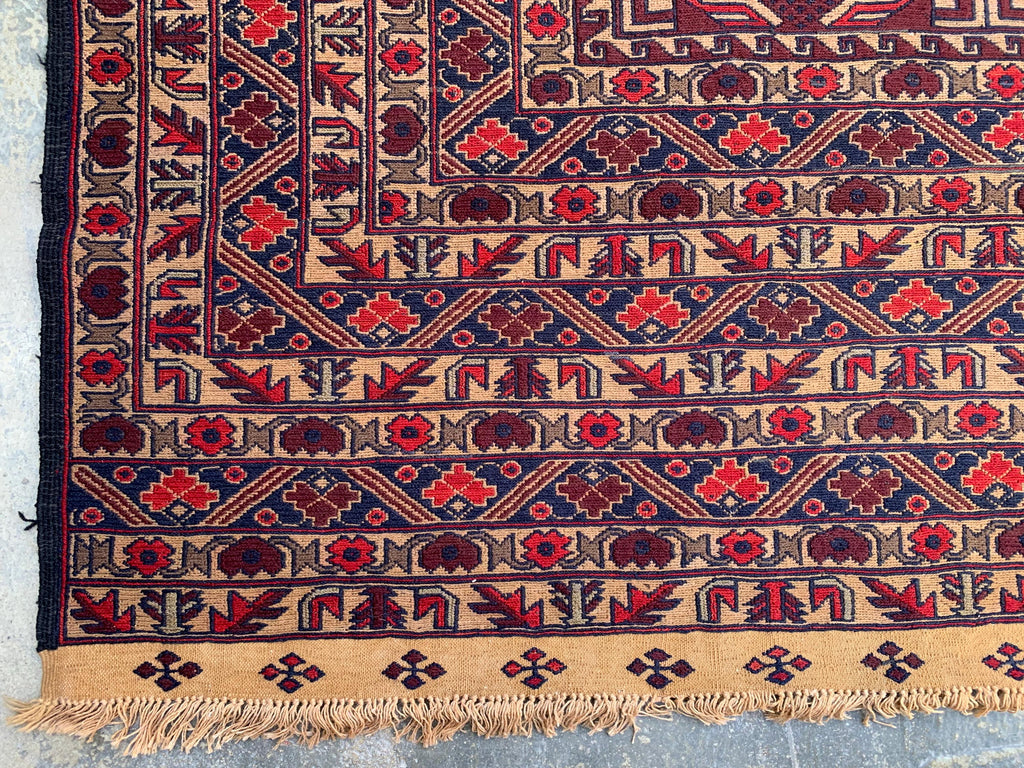 7x9ft, Vintage Afghan Kilim Rug – Handwoven Wool Tribal Carpet – Red Geometric Flatweave – Large Boho Area Rug – Ethnic Living Room Decor