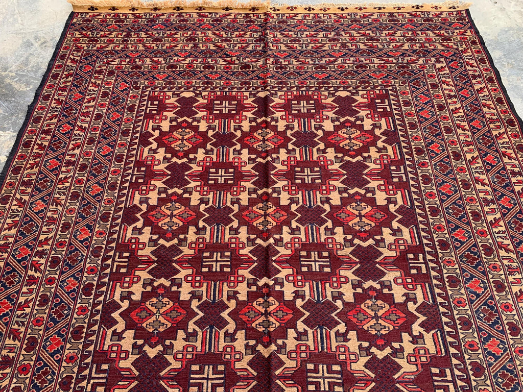 7x9ft, Vintage Afghan Kilim Rug – Handwoven Wool Tribal Carpet – Red Geometric Flatweave – Large Boho Area Rug – Ethnic Living Room Decor