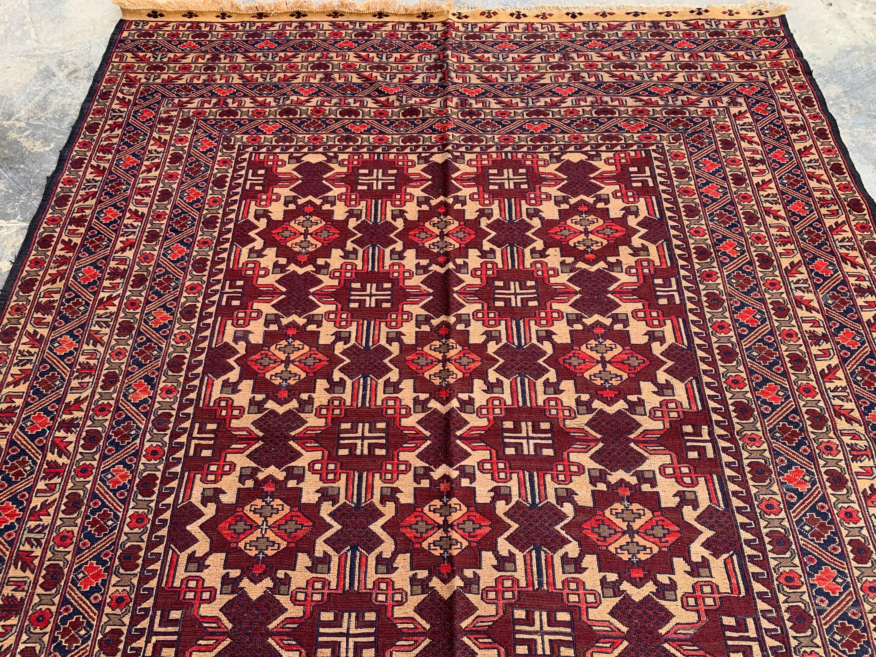7x9ft, Vintage Afghan Kilim Rug – Handwoven Wool Tribal Carpet – Red Geometric Flatweave – Large Boho Area Rug – Ethnic Living Room Decor