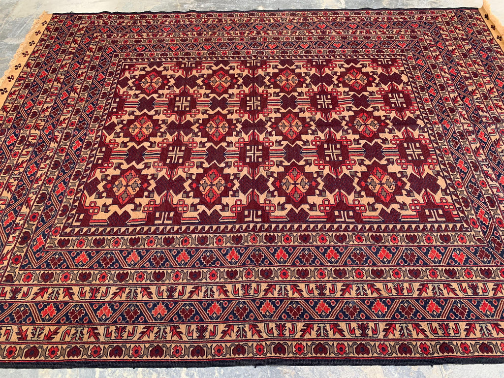 7x9ft, Vintage Afghan Kilim Rug – Handwoven Wool Tribal Carpet – Red Geometric Flatweave – Large Boho Area Rug – Ethnic Living Room Decor