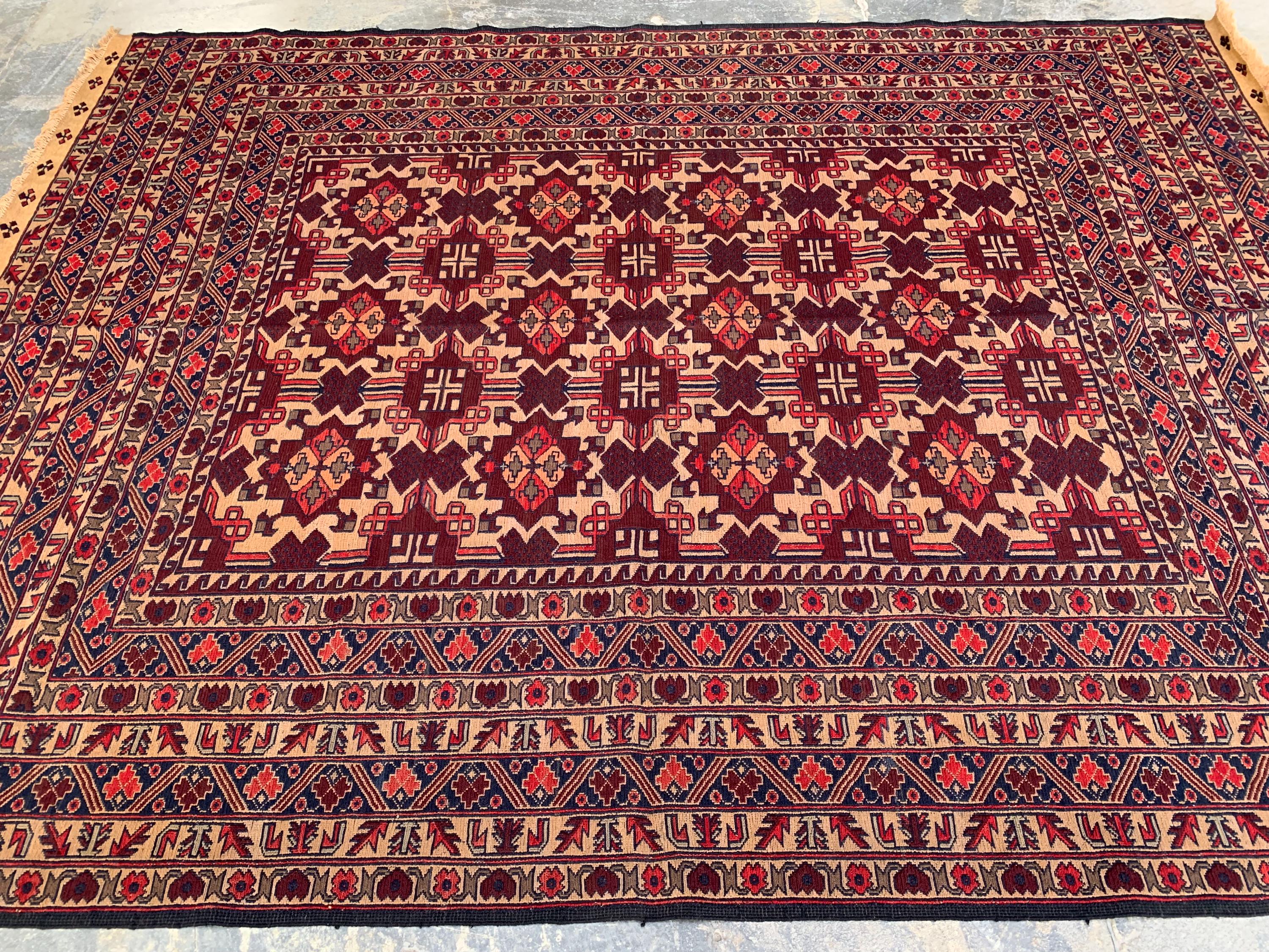 7x9ft, Vintage Afghan Kilim Rug – Handwoven Wool Tribal Carpet – Red Geometric Flatweave – Large Boho Area Rug – Ethnic Living Room Decor