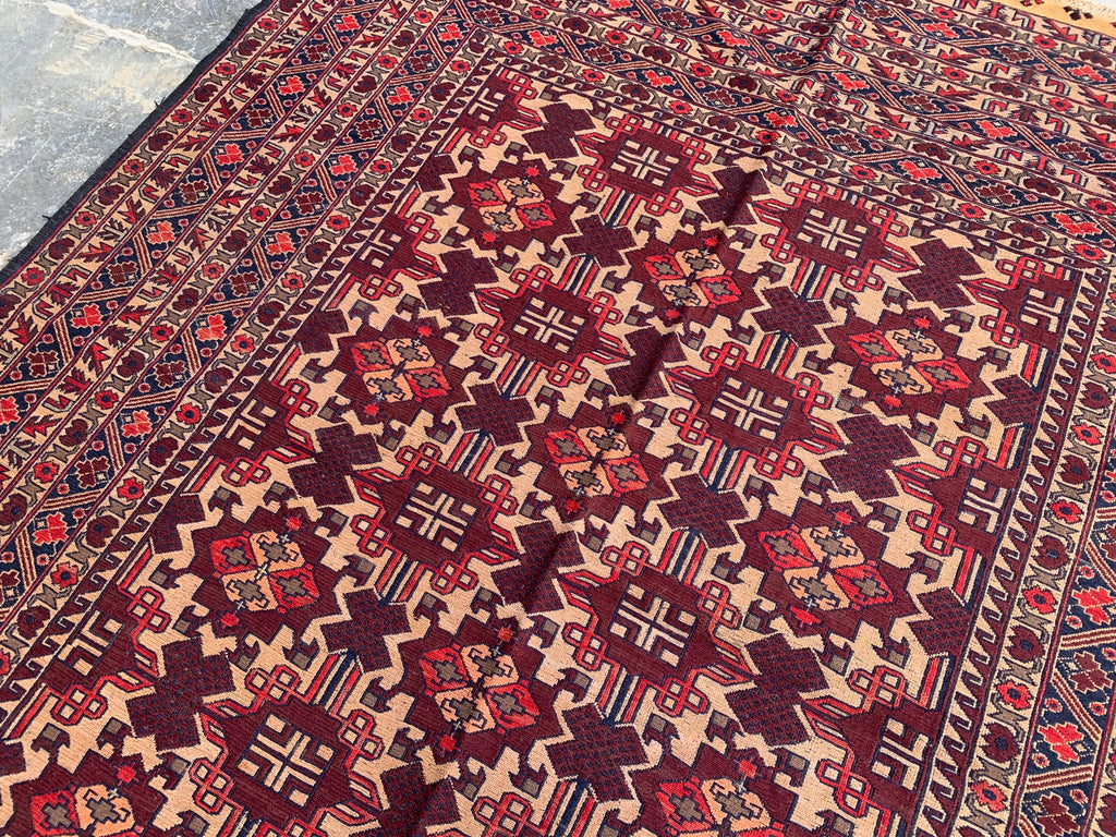 7x9ft, Vintage Afghan Kilim Rug – Handwoven Wool Tribal Carpet – Red Geometric Flatweave – Large Boho Area Rug – Ethnic Living Room Decor