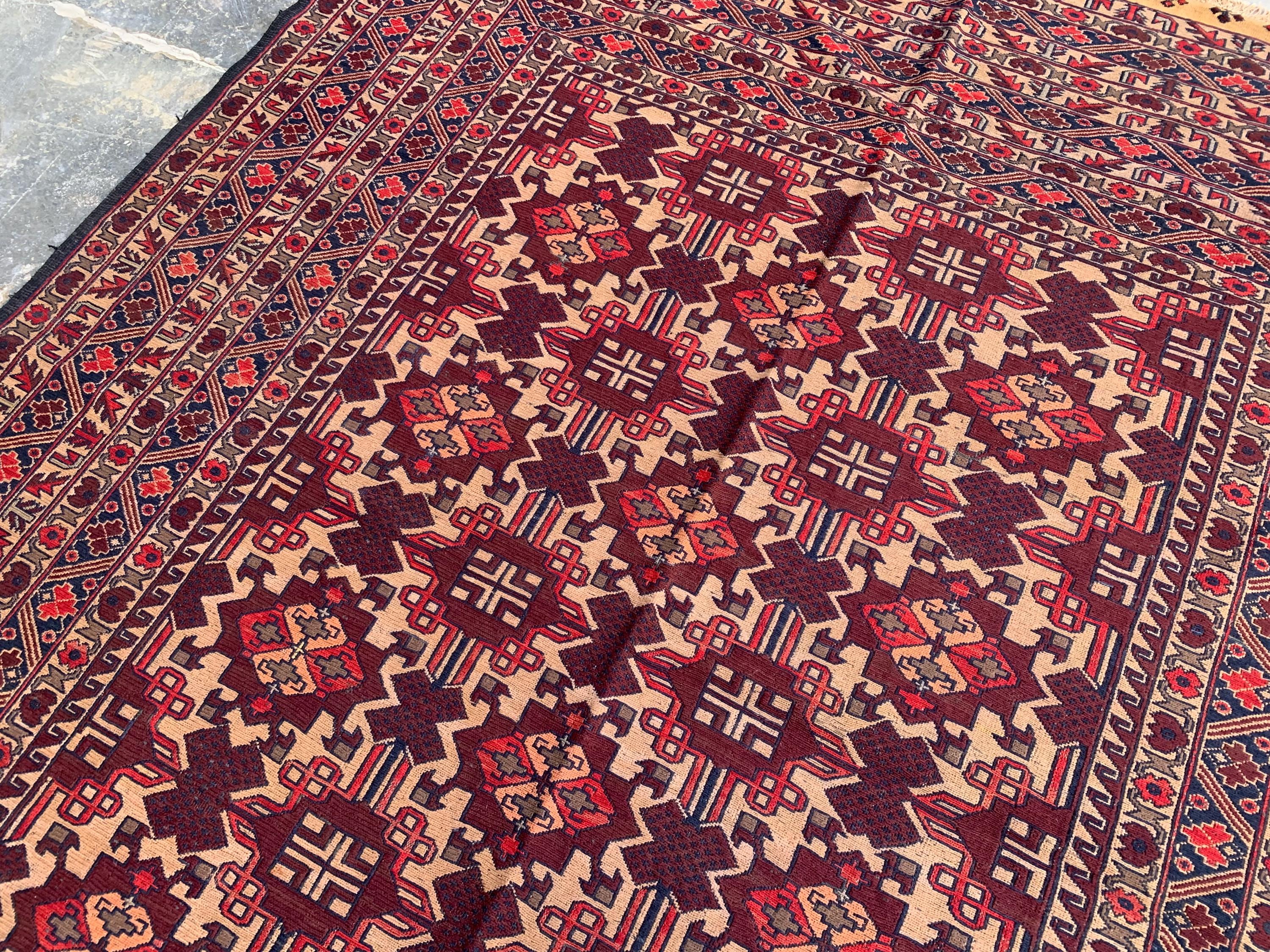 7x9ft, Vintage Afghan Kilim Rug – Handwoven Wool Tribal Carpet – Red Geometric Flatweave – Large Boho Area Rug – Ethnic Living Room Decor