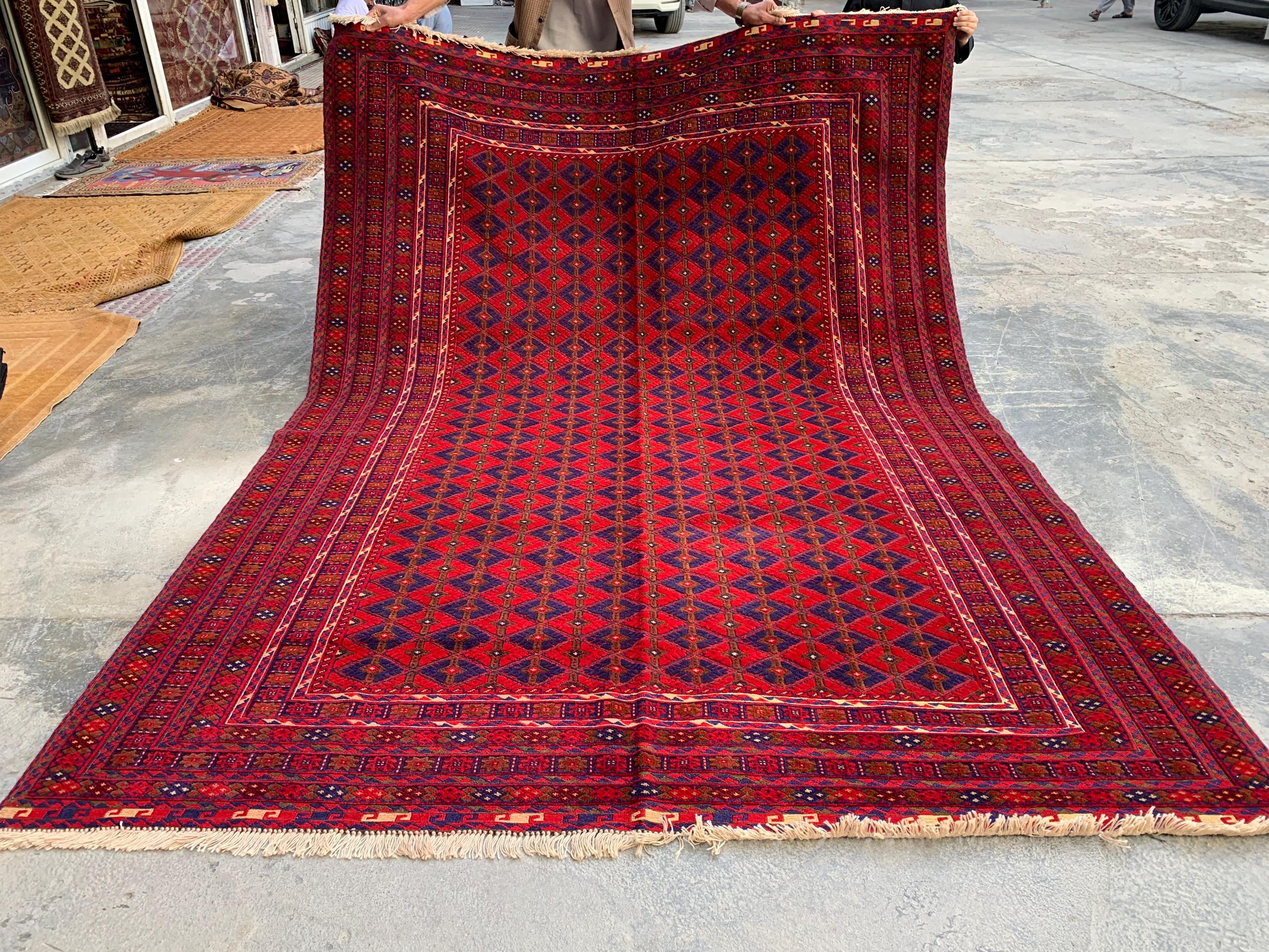 Bukhara Rug 6x9ft – Handknotted Red and Blue Wool Carpet – Afghan Traditional Geometric Area Rug – Oriental Tribal Living Room Decor