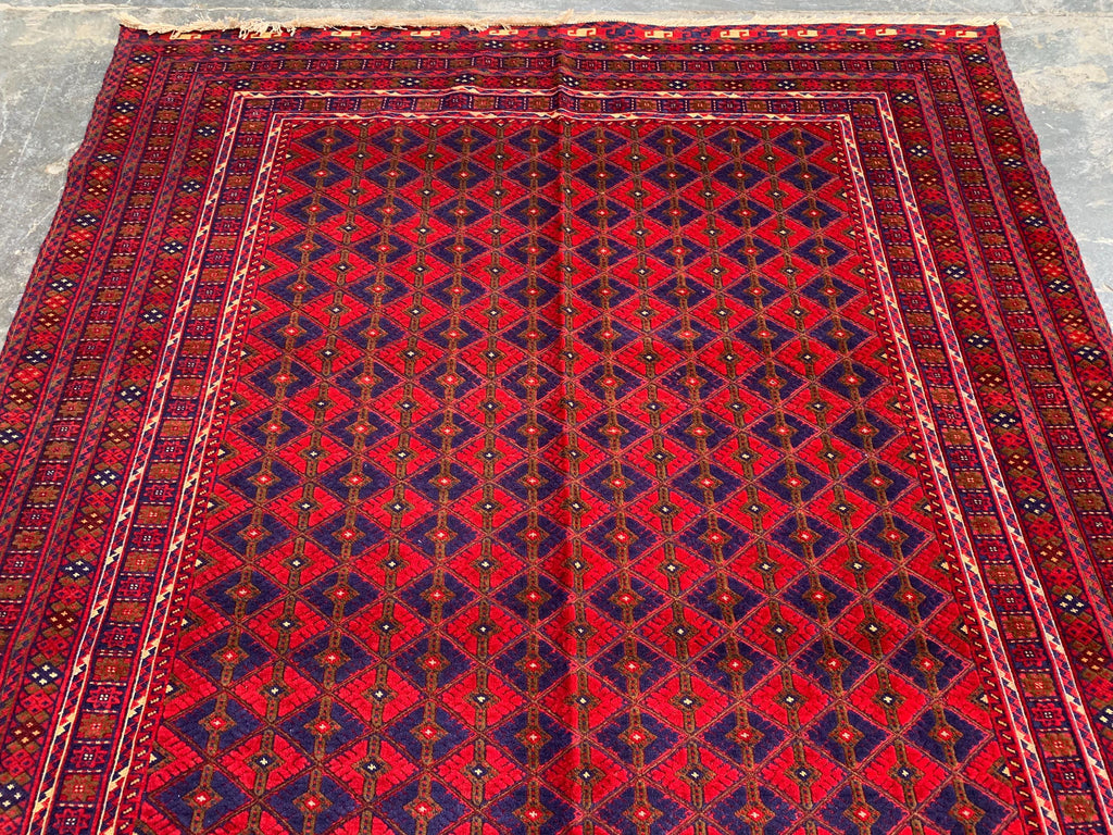Bukhara Rug 6x9ft – Handknotted Red and Blue Wool Carpet – Afghan Traditional Geometric Area Rug – Oriental Tribal Living Room Decor