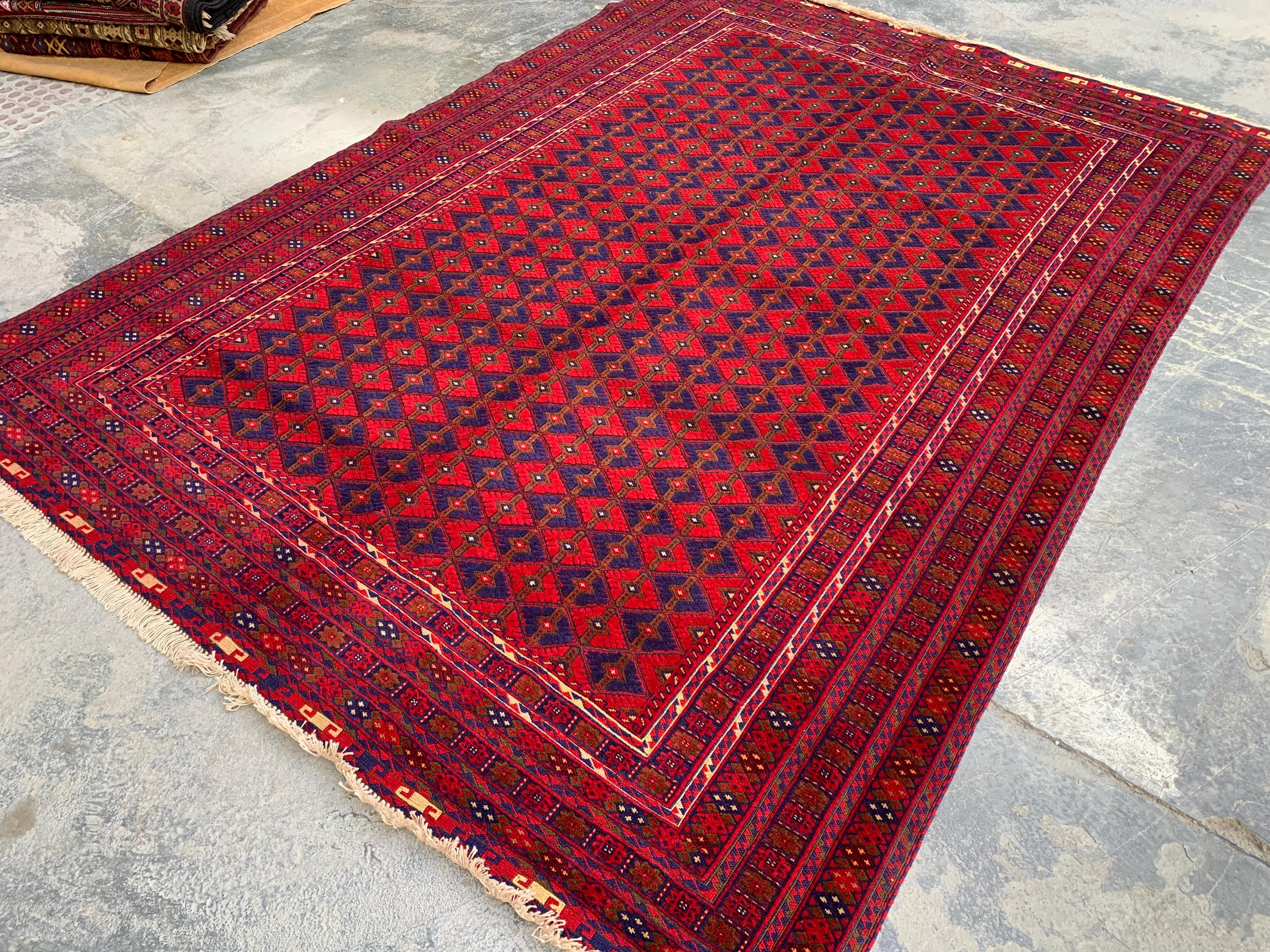 Bukhara Rug 6x9ft – Handknotted Red and Blue Wool Carpet – Afghan Traditional Geometric Area Rug – Oriental Tribal Living Room Decor