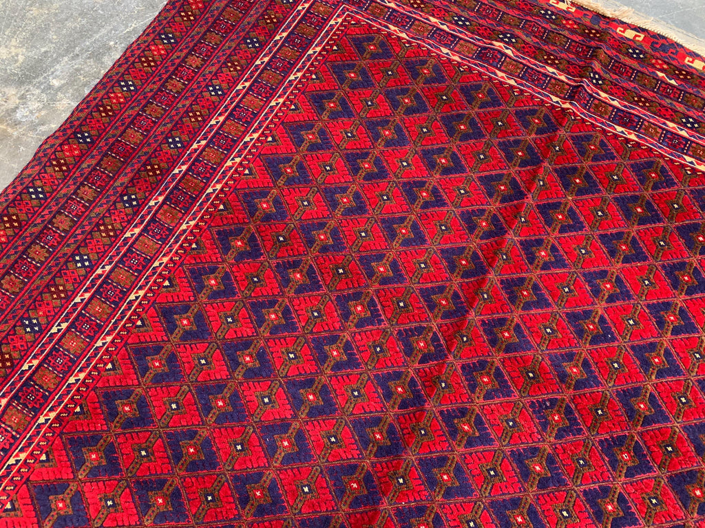 Bukhara Rug 6x9ft – Handknotted Red and Blue Wool Carpet – Afghan Traditional Geometric Area Rug – Oriental Tribal Living Room Decor