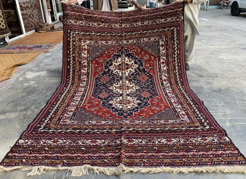 4'4x6'6ft Handwoven Afghan Persian Rug – Red Navy Wool Tribal Carpet – Central Medallion Oriental Area Rug – Boho Ethnic Decor, Bedroom Rug