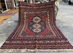 4'4x6'6ft Handwoven Afghan Persian Rug – Red Navy Wool Tribal Carpet – Central Medallion Oriental Area Rug – Boho Ethnic Decor, Bedroom Rug