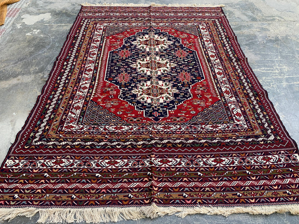 4'4x6'6ft Handwoven Afghan Persian Rug – Red Navy Wool Tribal Carpet – Central Medallion Oriental Area Rug – Boho Ethnic Decor, Bedroom Rug
