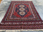 4'4x6'6ft Handwoven Afghan Persian Rug – Red Navy Wool Tribal Carpet – Central Medallion Oriental Area Rug – Boho Ethnic Decor, Bedroom Rug