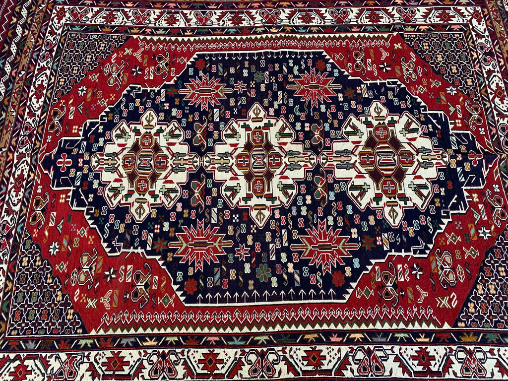 4'4x6'6ft Handwoven Afghan Persian Rug – Red Navy Wool Tribal Carpet – Central Medallion Oriental Area Rug – Boho Ethnic Decor, Bedroom Rug