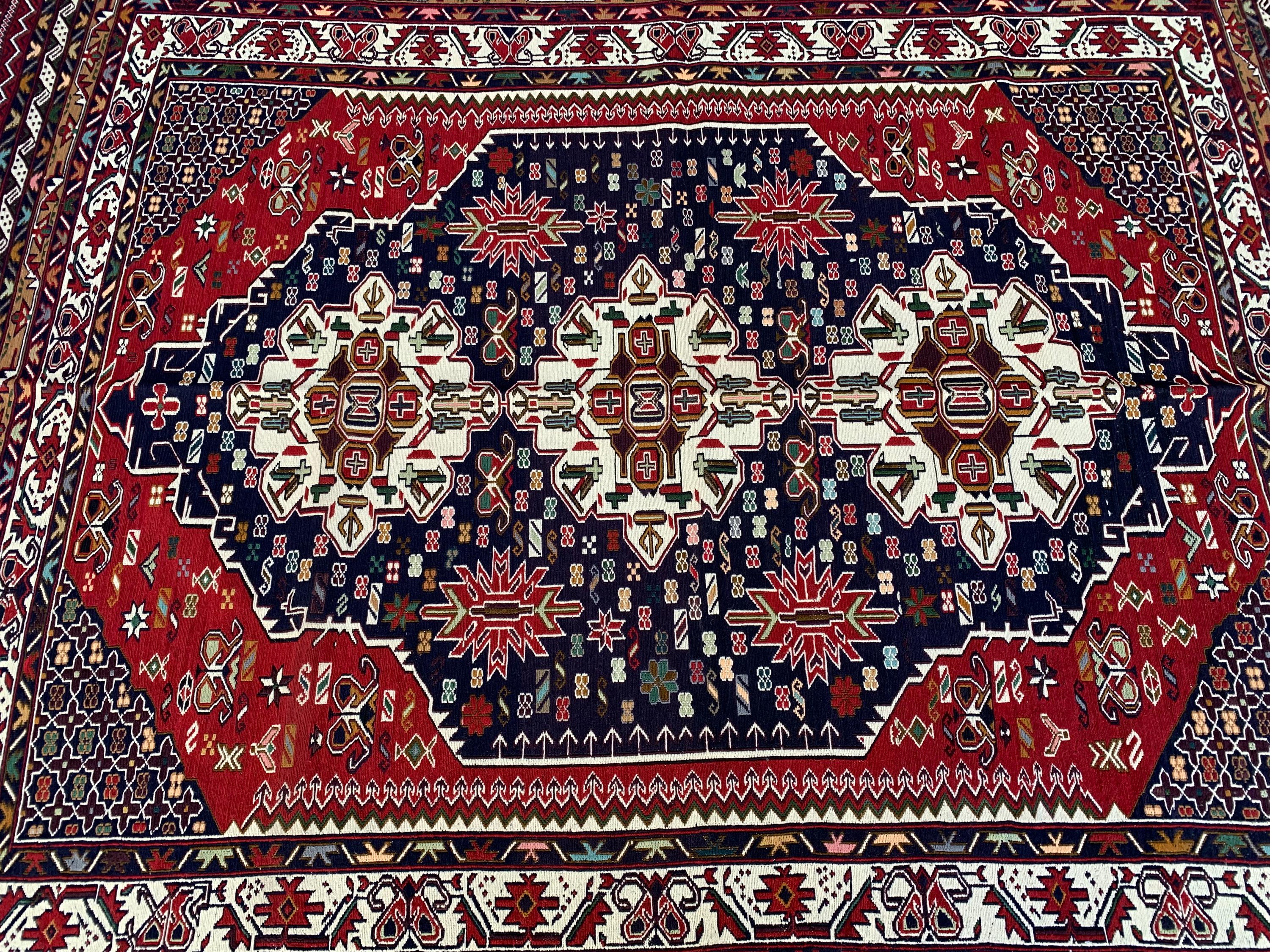 4'4x6'6ft Handwoven Afghan Persian Rug – Red Navy Wool Tribal Carpet – Central Medallion Oriental Area Rug – Boho Ethnic Decor, Bedroom Rug