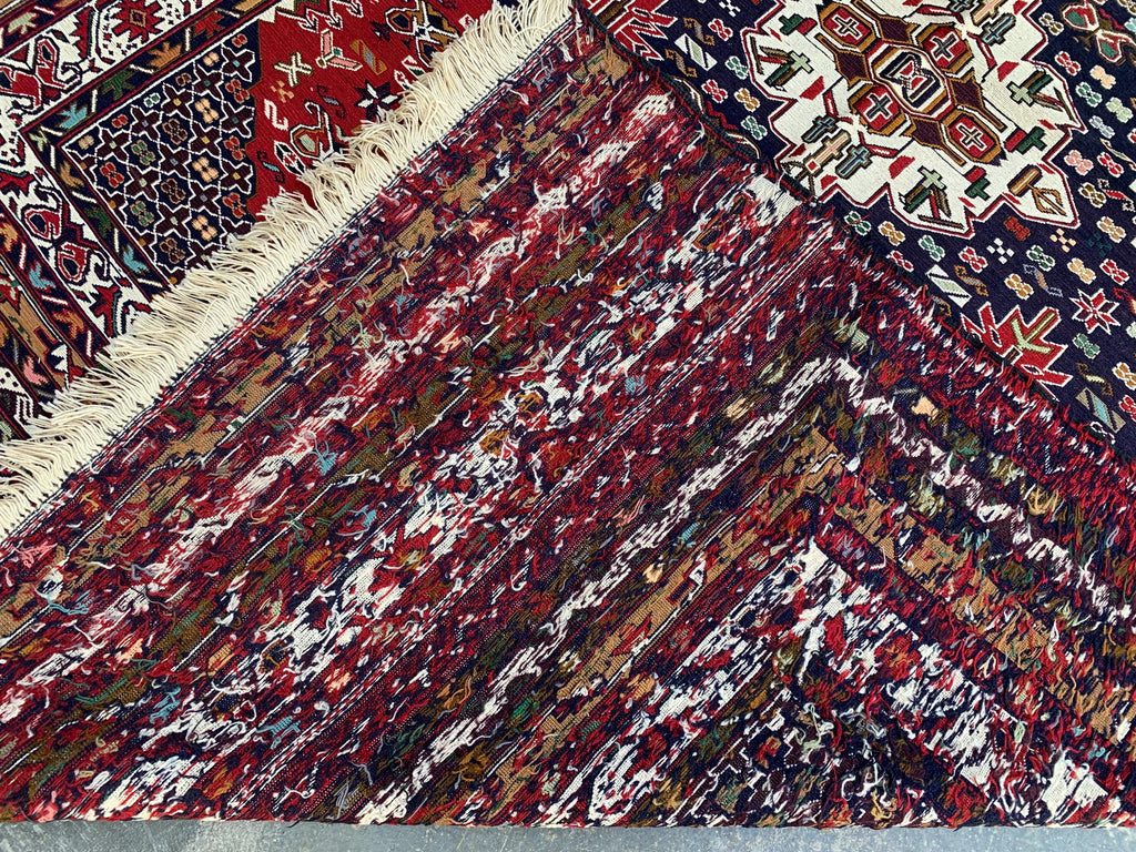 4'4x6'6ft Handwoven Afghan Persian Rug – Red Navy Wool Tribal Carpet – Central Medallion Oriental Area Rug – Boho Ethnic Decor, Bedroom Rug
