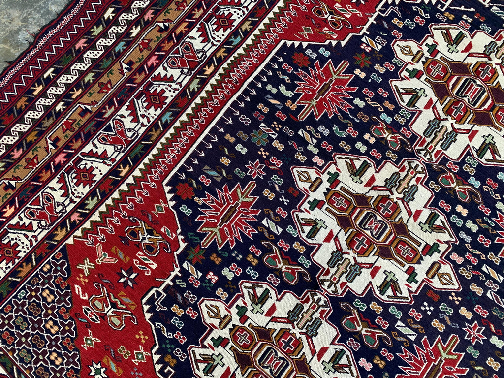 4'4x6'6ft Handwoven Afghan Persian Rug – Red Navy Wool Tribal Carpet – Central Medallion Oriental Area Rug – Boho Ethnic Decor, Bedroom Rug