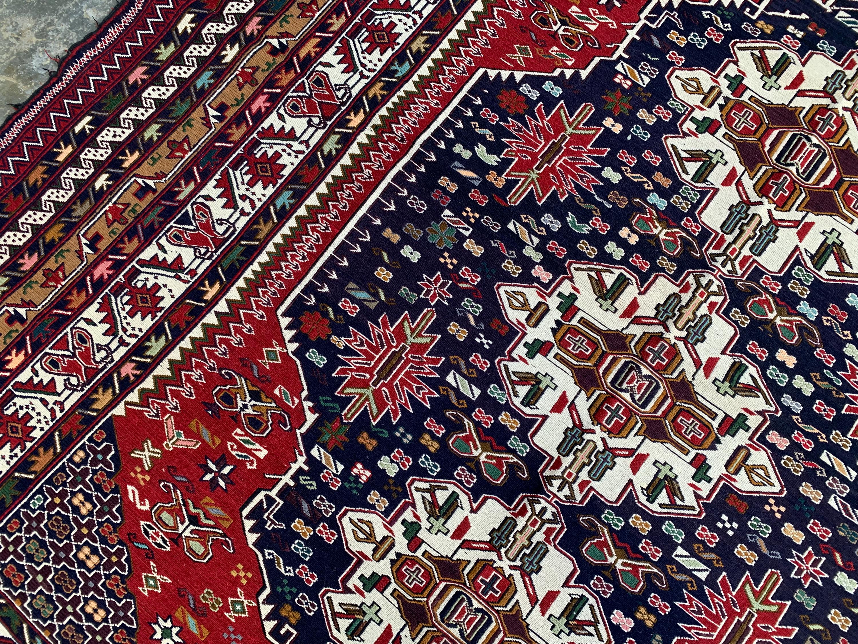 4'4x6'6ft Handwoven Afghan Persian Rug – Red Navy Wool Tribal Carpet – Central Medallion Oriental Area Rug – Boho Ethnic Decor, Bedroom Rug