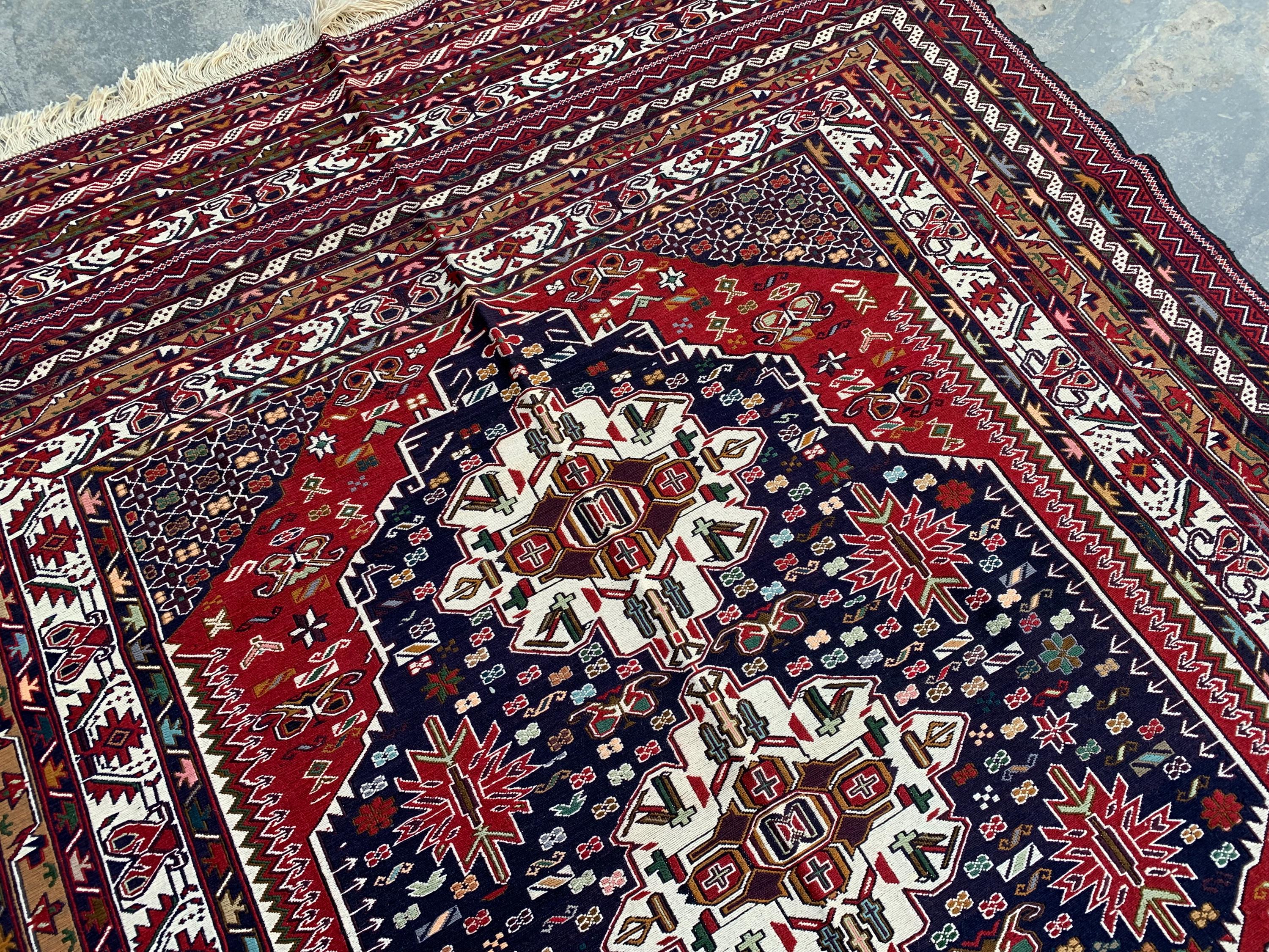 4'4x6'6ft Handwoven Afghan Persian Rug – Red Navy Wool Tribal Carpet – Central Medallion Oriental Area Rug – Boho Ethnic Decor, Bedroom Rug