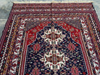 4'4x6'6ft Handwoven Afghan Persian Rug – Red Navy Wool Tribal Carpet – Central Medallion Oriental Area Rug – Boho Ethnic Decor, Bedroom Rug