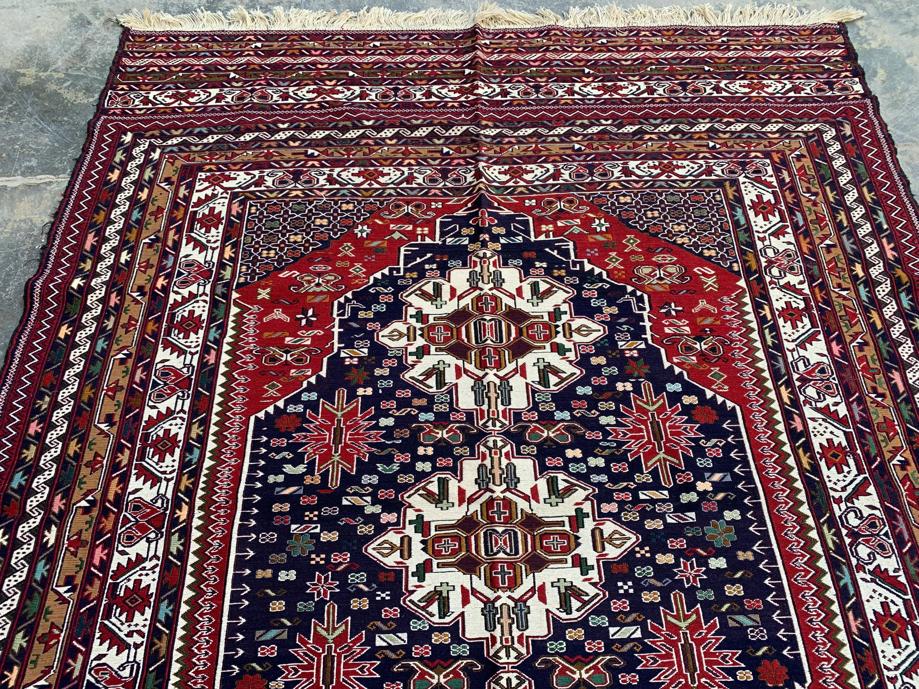 4'4x6'6ft Handwoven Afghan Persian Rug – Red Navy Wool Tribal Carpet – Central Medallion Oriental Area Rug – Boho Ethnic Decor, Bedroom Rug