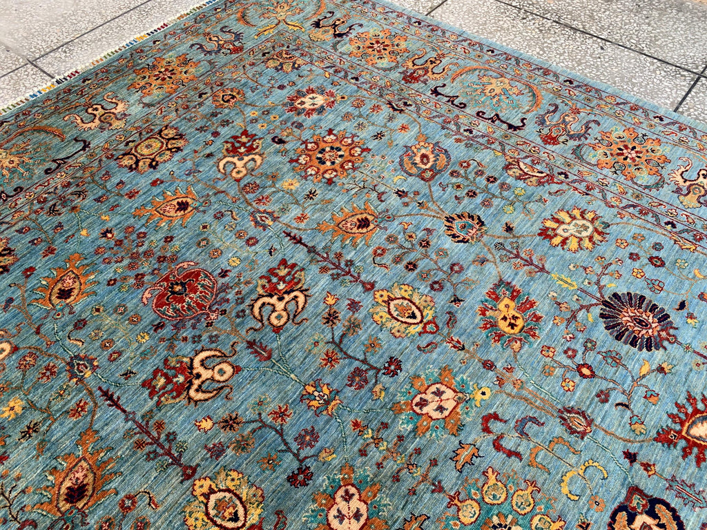 Large Hand-Knotted Blue Persian Chobi Rug 13x9 – Wool Oriental Carpet, Floral Medallion Design, Vintage Style Living Room Area Rug 400x300cm