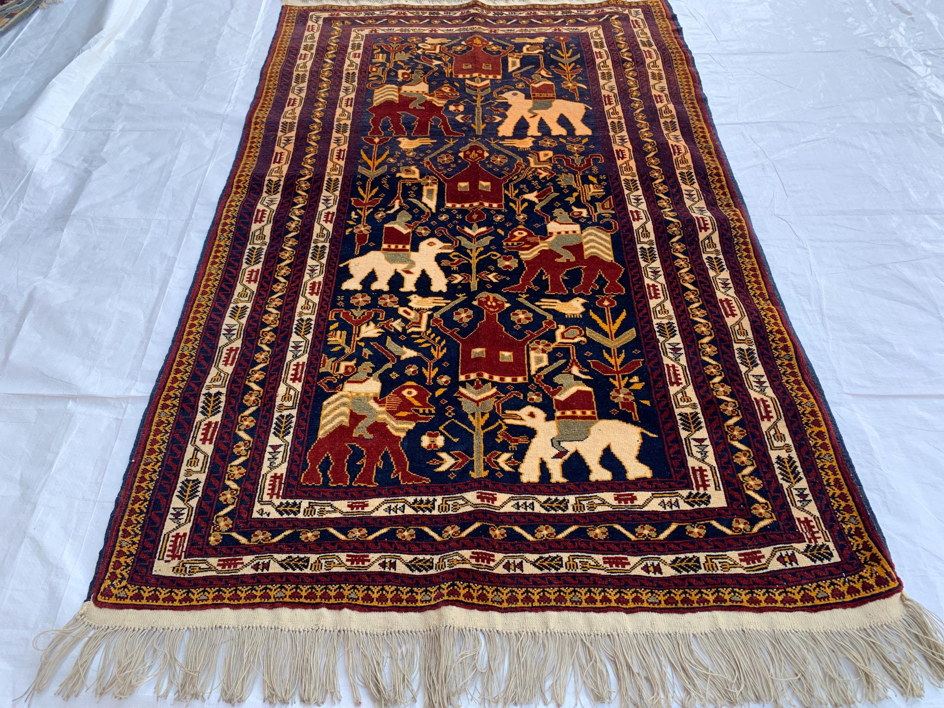 Pictorial Hunter Rug 4.11x3.2 ft – Handmade Wool Kilim, Tribal Wall Hanging, Boho Decor, Vintage Animal Pattern Carpet, Rug for Kids Room