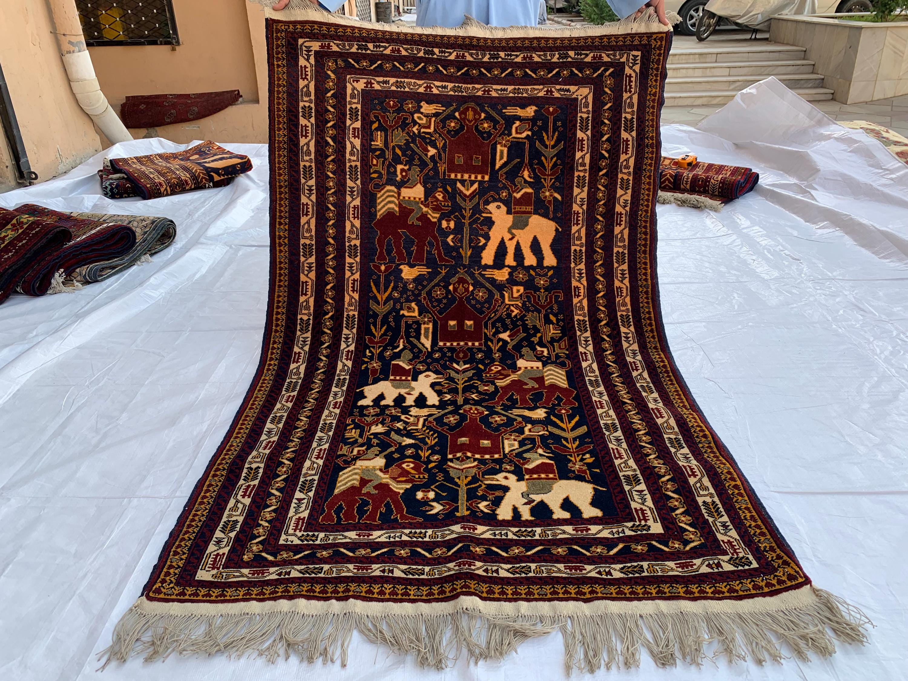 Pictorial Hunter Rug 4.11x3.2 ft – Handmade Wool Kilim, Tribal Wall Hanging, Boho Decor, Vintage Animal Pattern Carpet, Rug for Kids Room