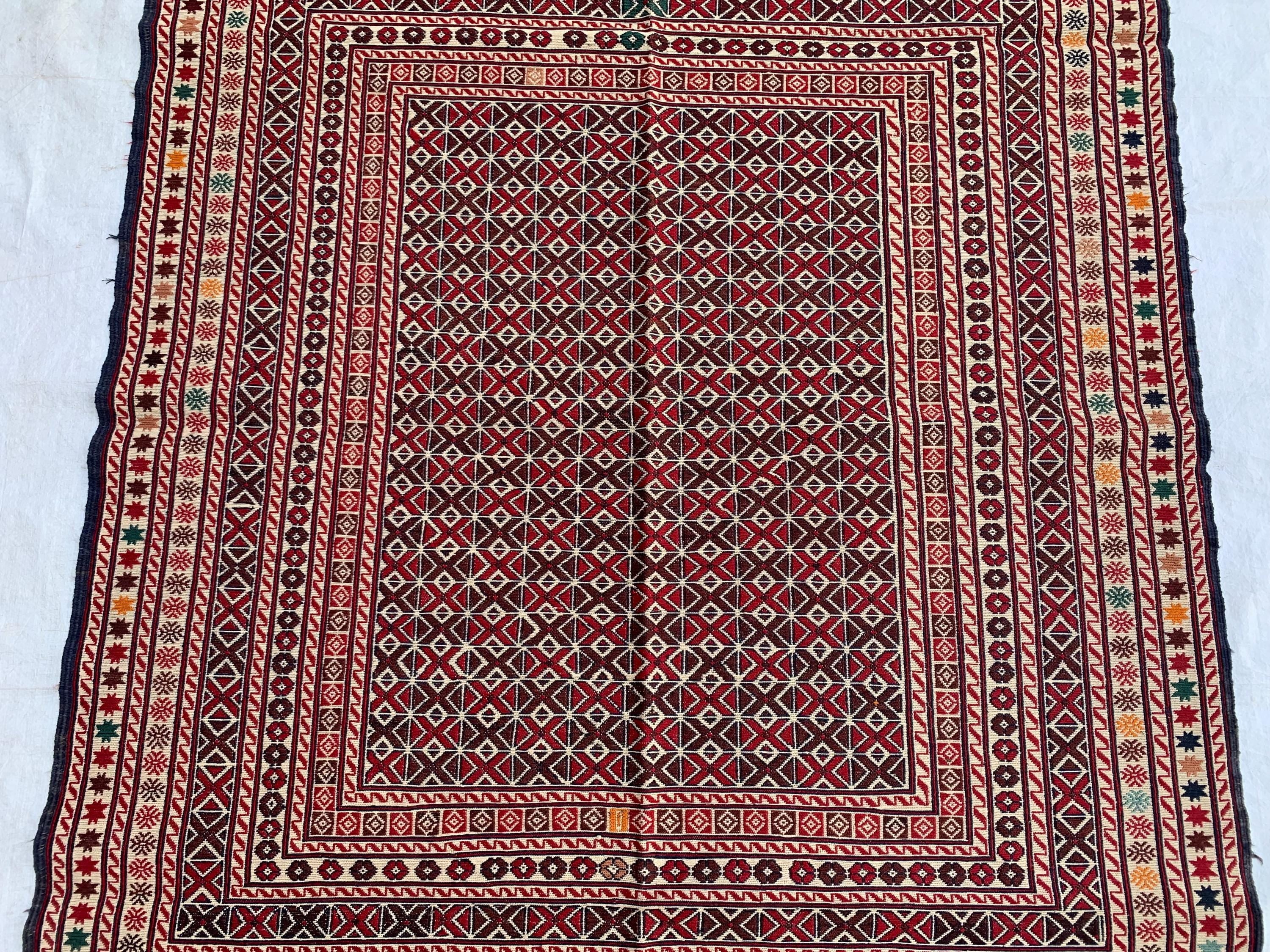 4x6ft Vintage Herati Kilim Rug –Turkmen Handmade Wool Tribal Carpet, Persian Farmhouse Decor, Boho Geometric Area Rug, Living Room Rug 5.8x4