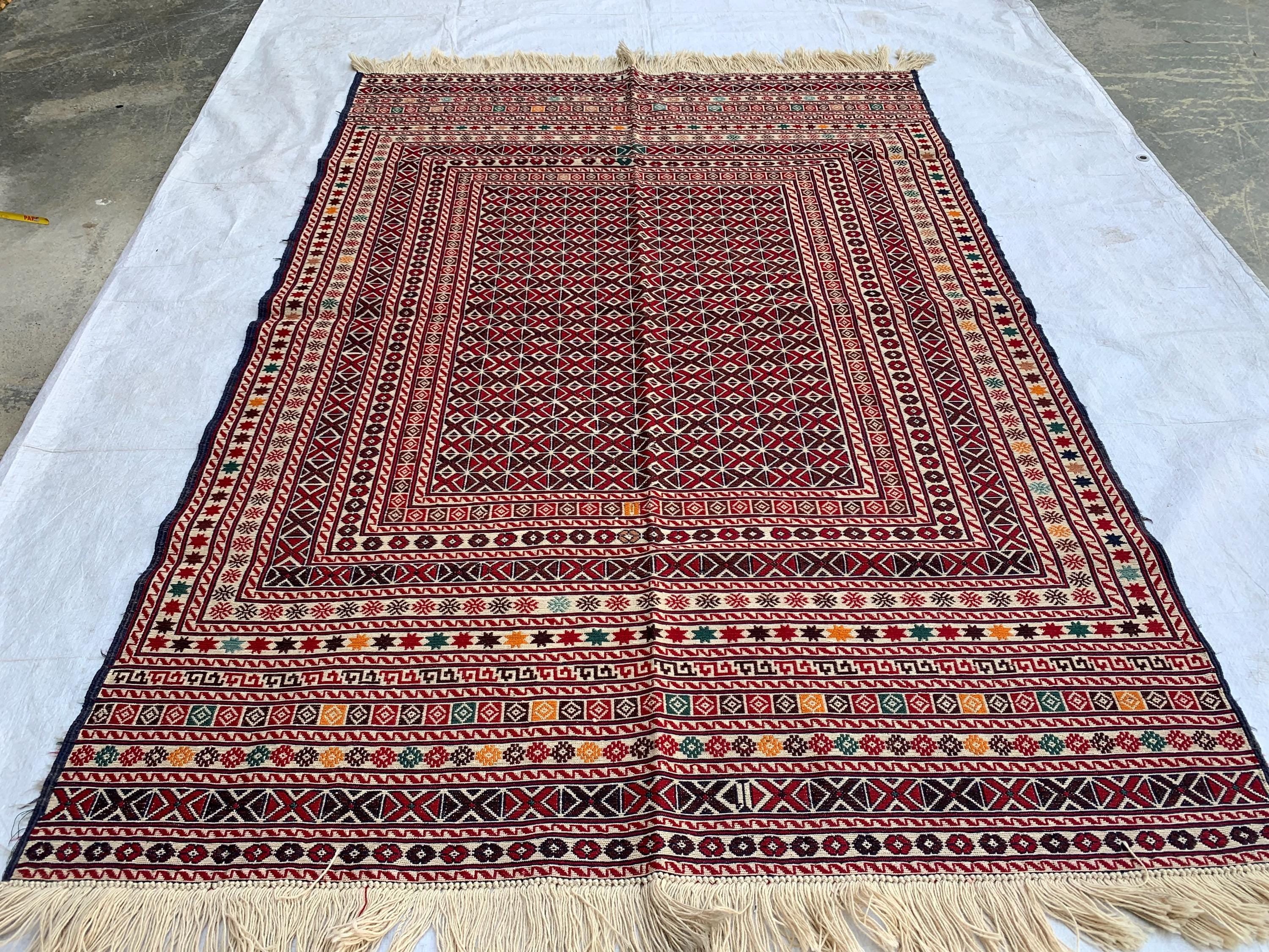 4x6ft Vintage Herati Kilim Rug –Turkmen Handmade Wool Tribal Carpet, Persian Farmhouse Decor, Boho Geometric Area Rug, Living Room Rug 5.8x4