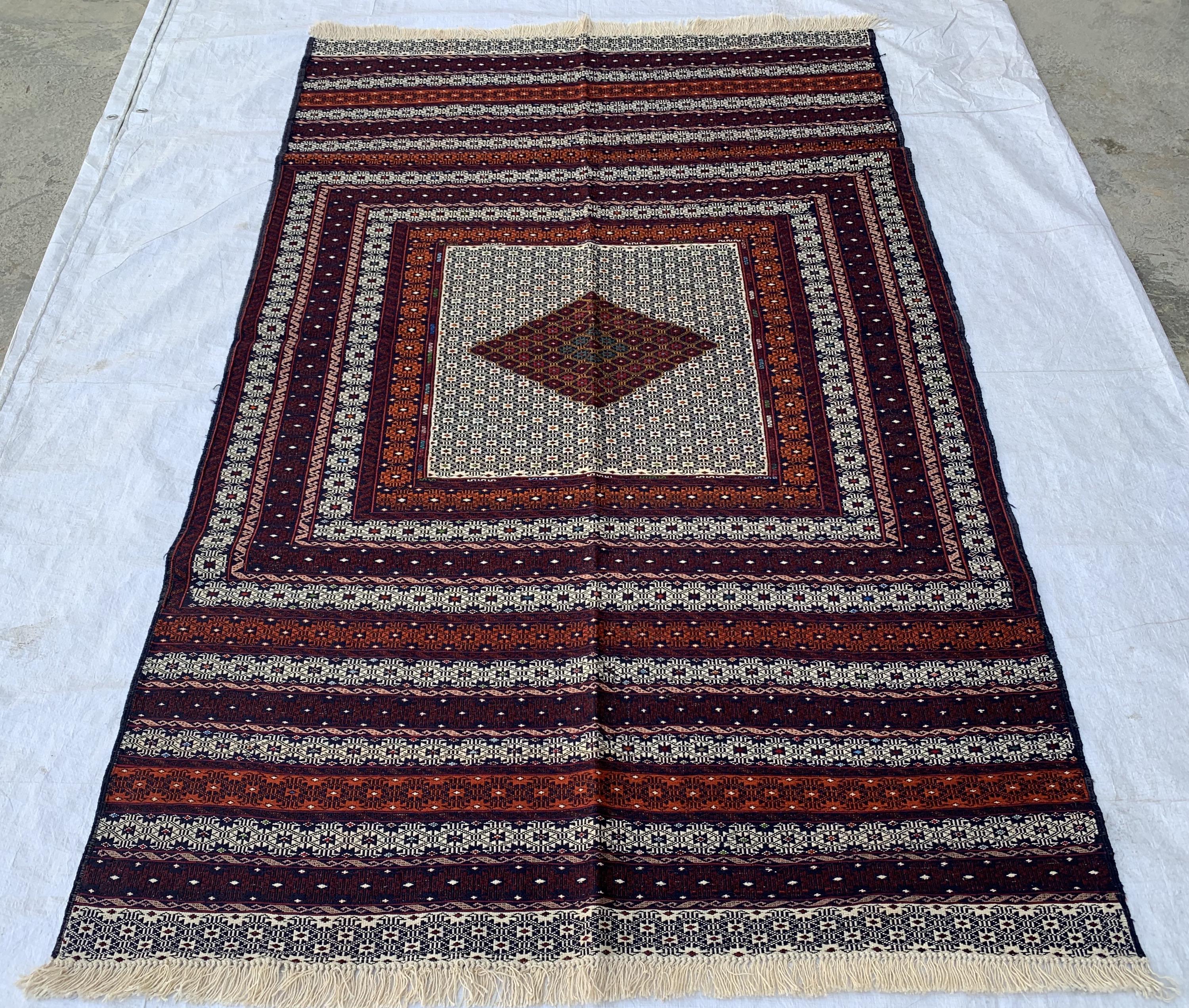 Antique Kilim Rug 6.2x3.11ft –Handmade Wool Tribal Carpet, Grey and Red Vintage Runner, Persian Boho Decor, Rustic Area Rug, Collectible Rug