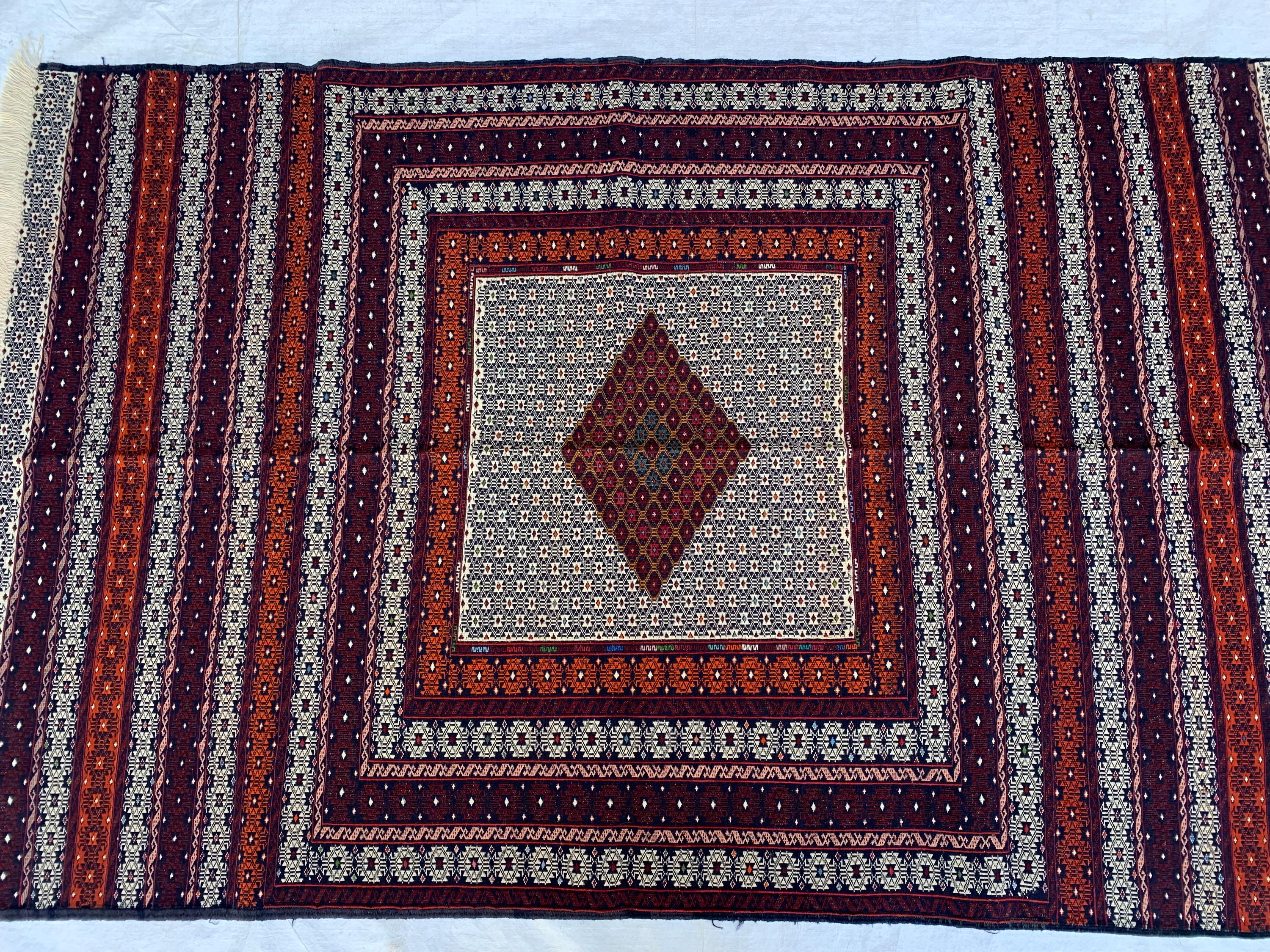 Antique Kilim Rug 6.2x3.11ft –Handmade Wool Tribal Carpet, Grey and Red Vintage Runner, Persian Boho Decor, Rustic Area Rug, Collectible Rug