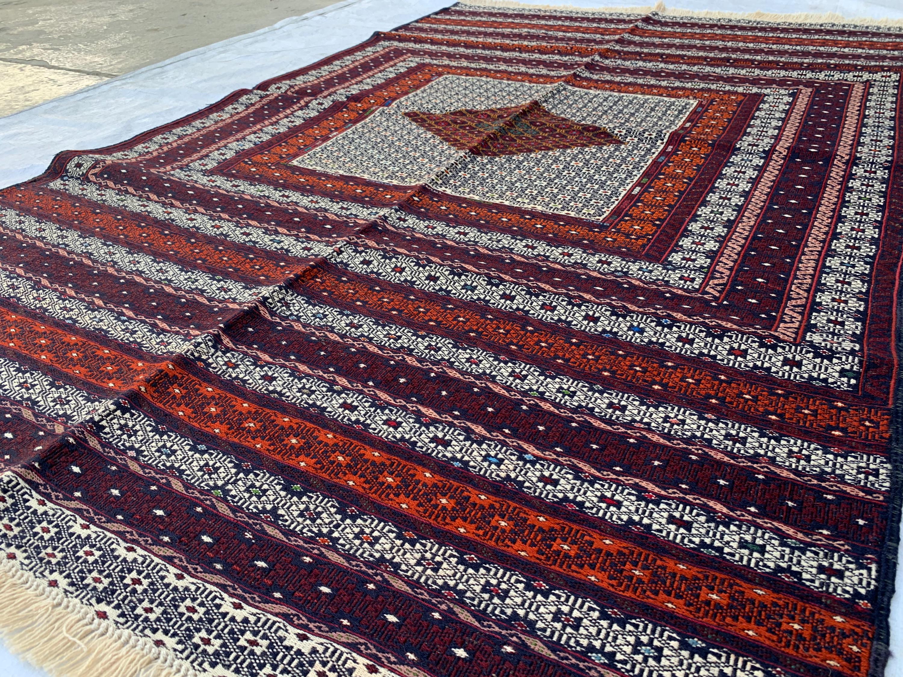 Antique Kilim Rug 6.2x3.11ft –Handmade Wool Tribal Carpet, Grey and Red Vintage Runner, Persian Boho Decor, Rustic Area Rug, Collectible Rug