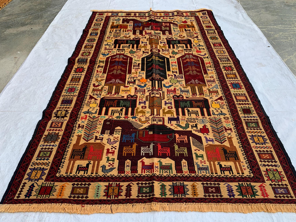 Pictorial Vintage Rug 5.6x4.1 ft – Handmade Wool Animal Scene Carpet, Tribal Wall Hanging, Persian Boho Decor, Rustic Art Rug, Farmhouse rug