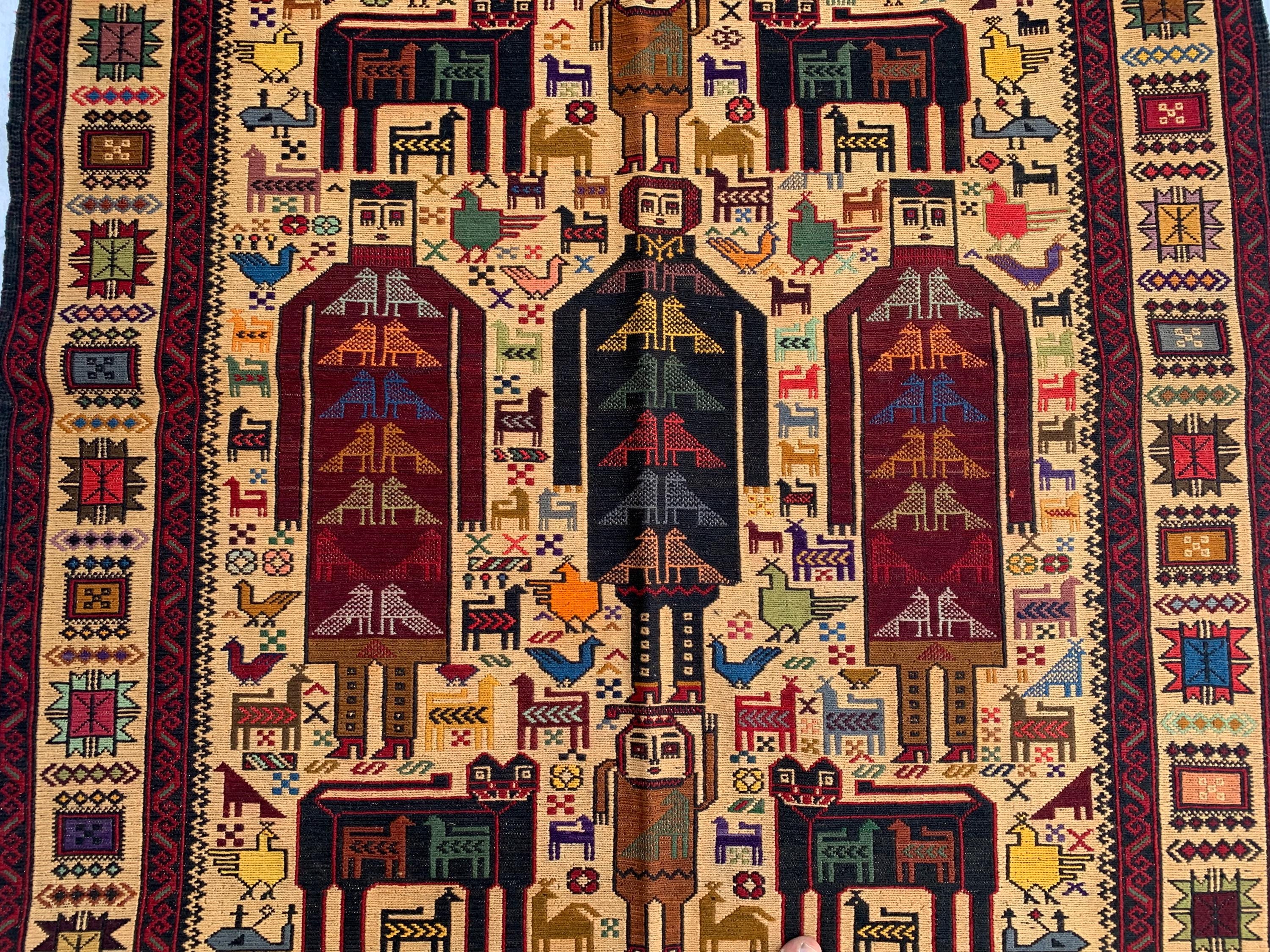 Pictorial Vintage Rug 5.6x4.1 ft – Handmade Wool Animal Scene Carpet, Tribal Wall Hanging, Persian Boho Decor, Rustic Art Rug, Farmhouse rug