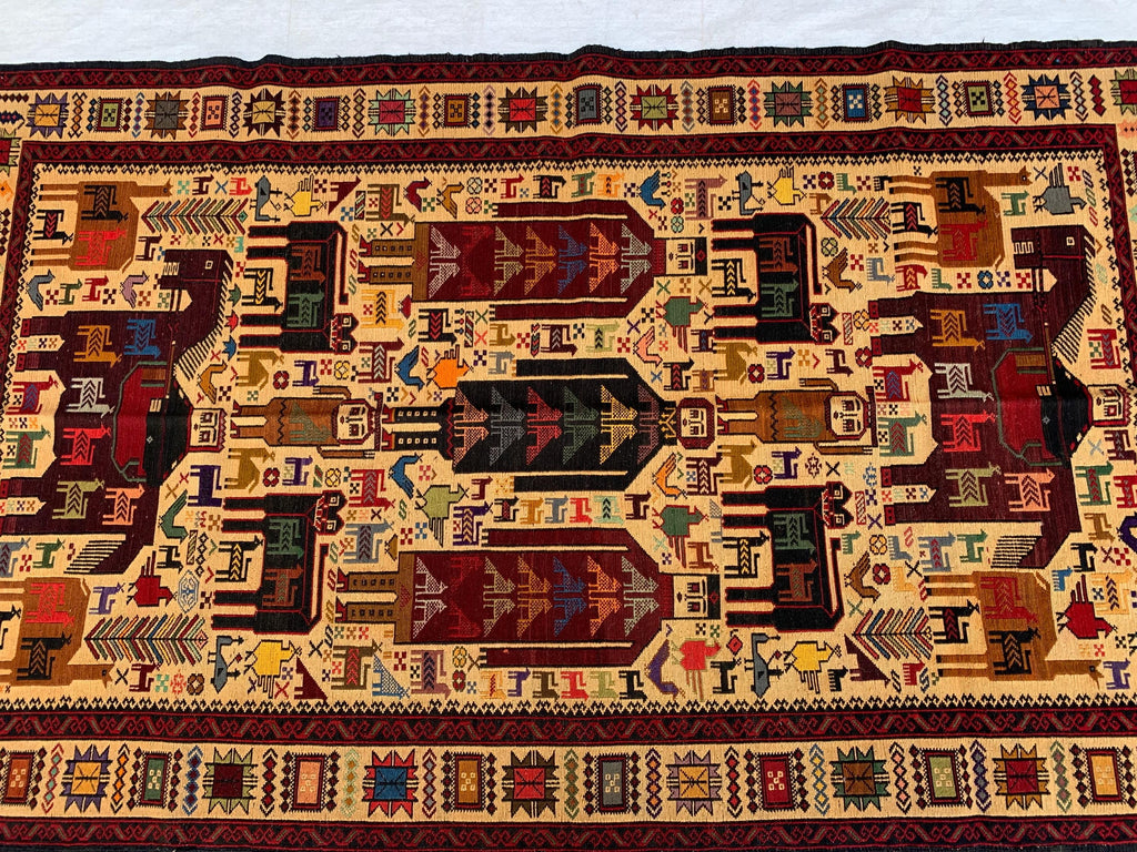 Pictorial Vintage Rug 5.6x4.1 ft – Handmade Wool Animal Scene Carpet, Tribal Wall Hanging, Persian Boho Decor, Rustic Art Rug, Farmhouse rug