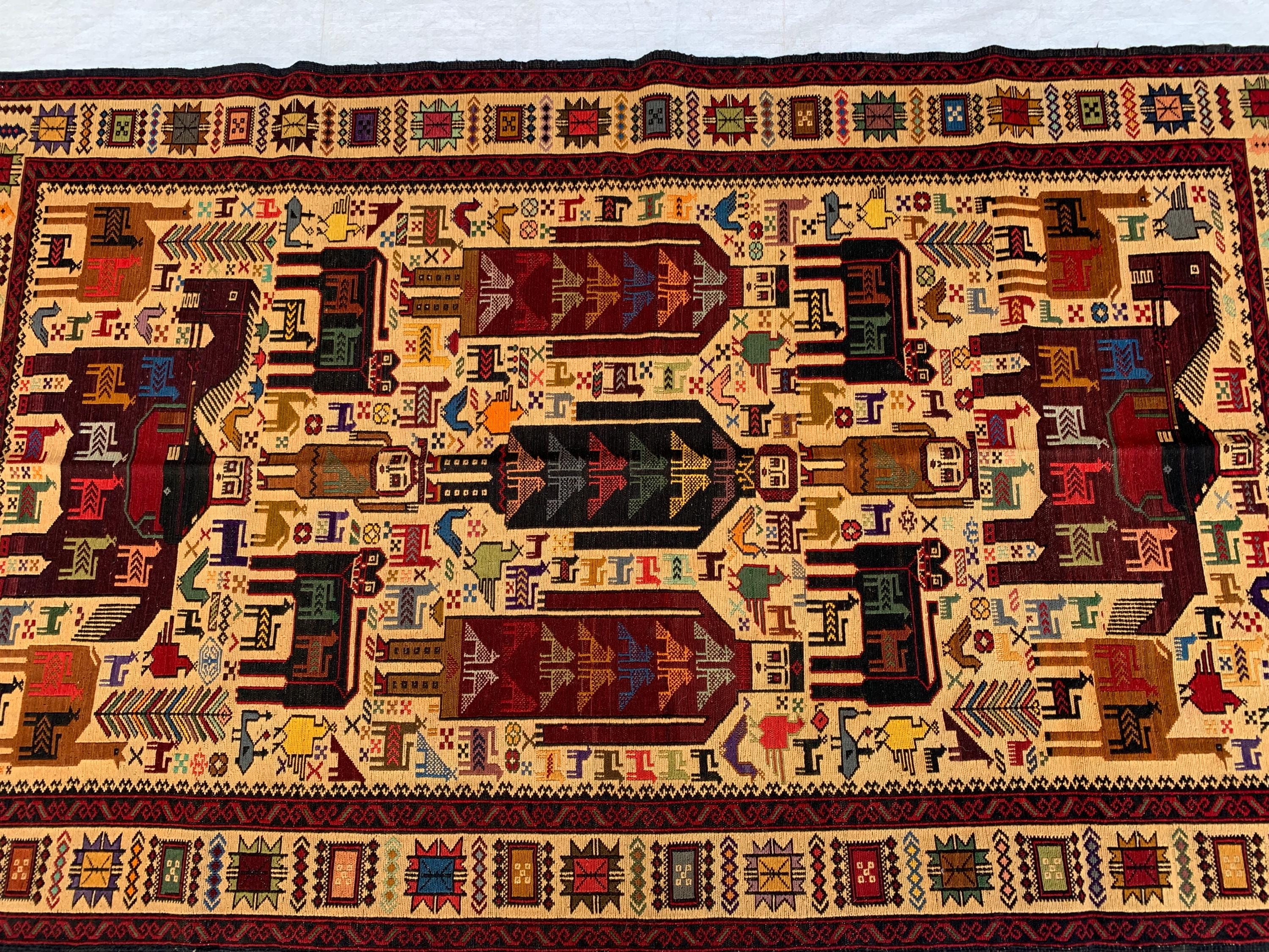 Pictorial Vintage Rug 5.6x4.1 ft – Handmade Wool Animal Scene Carpet, Tribal Wall Hanging, Persian Boho Decor, Rustic Art Rug, Farmhouse rug