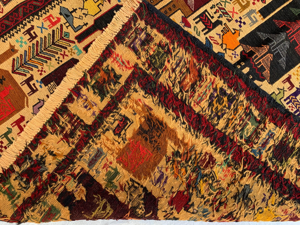Pictorial Vintage Rug 5.6x4.1 ft – Handmade Wool Animal Scene Carpet, Tribal Wall Hanging, Persian Boho Decor, Rustic Art Rug, Farmhouse rug