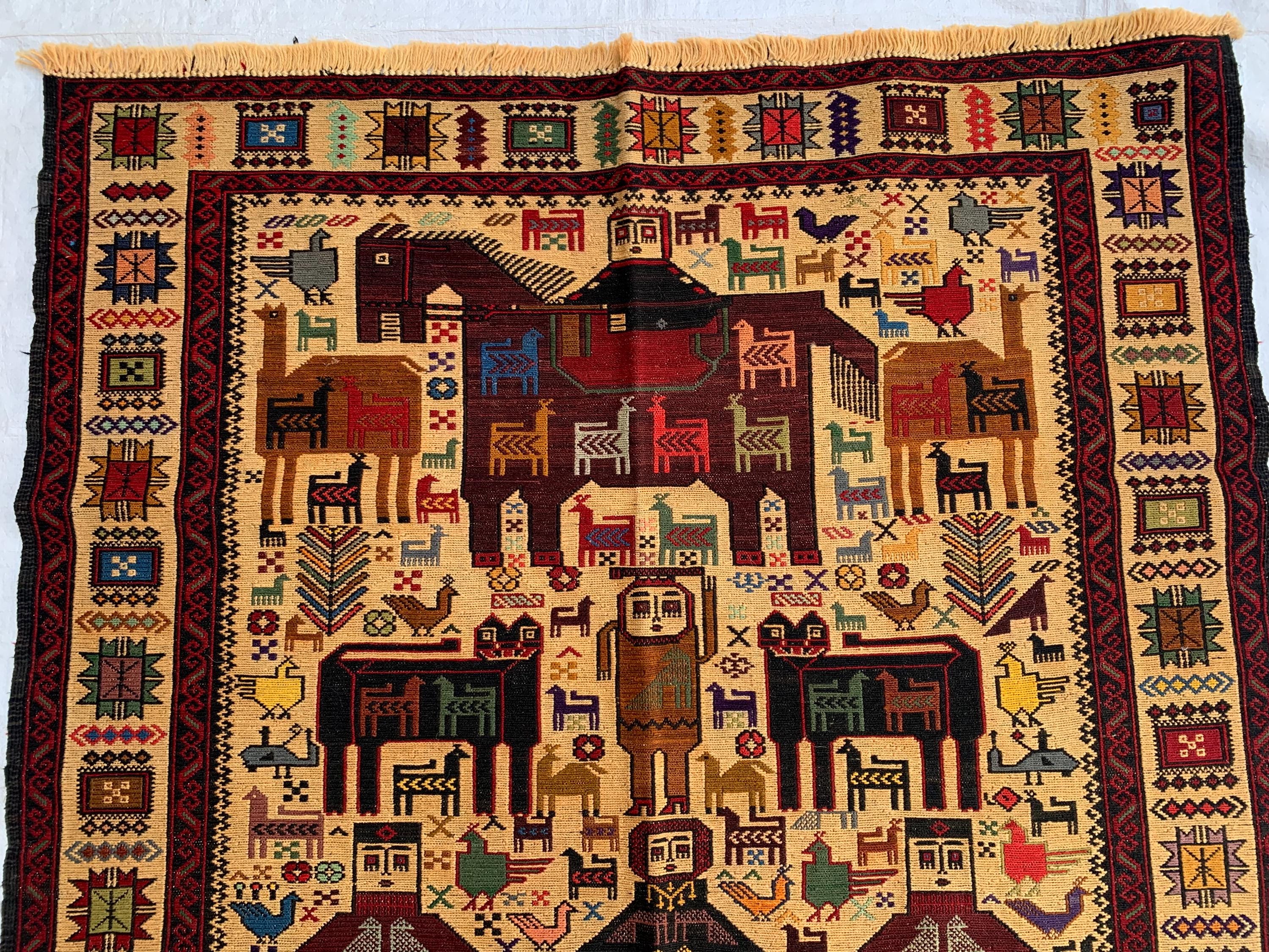 Pictorial Vintage Rug 5.6x4.1 ft – Handmade Wool Animal Scene Carpet, Tribal Wall Hanging, Persian Boho Decor, Rustic Art Rug, Farmhouse rug
