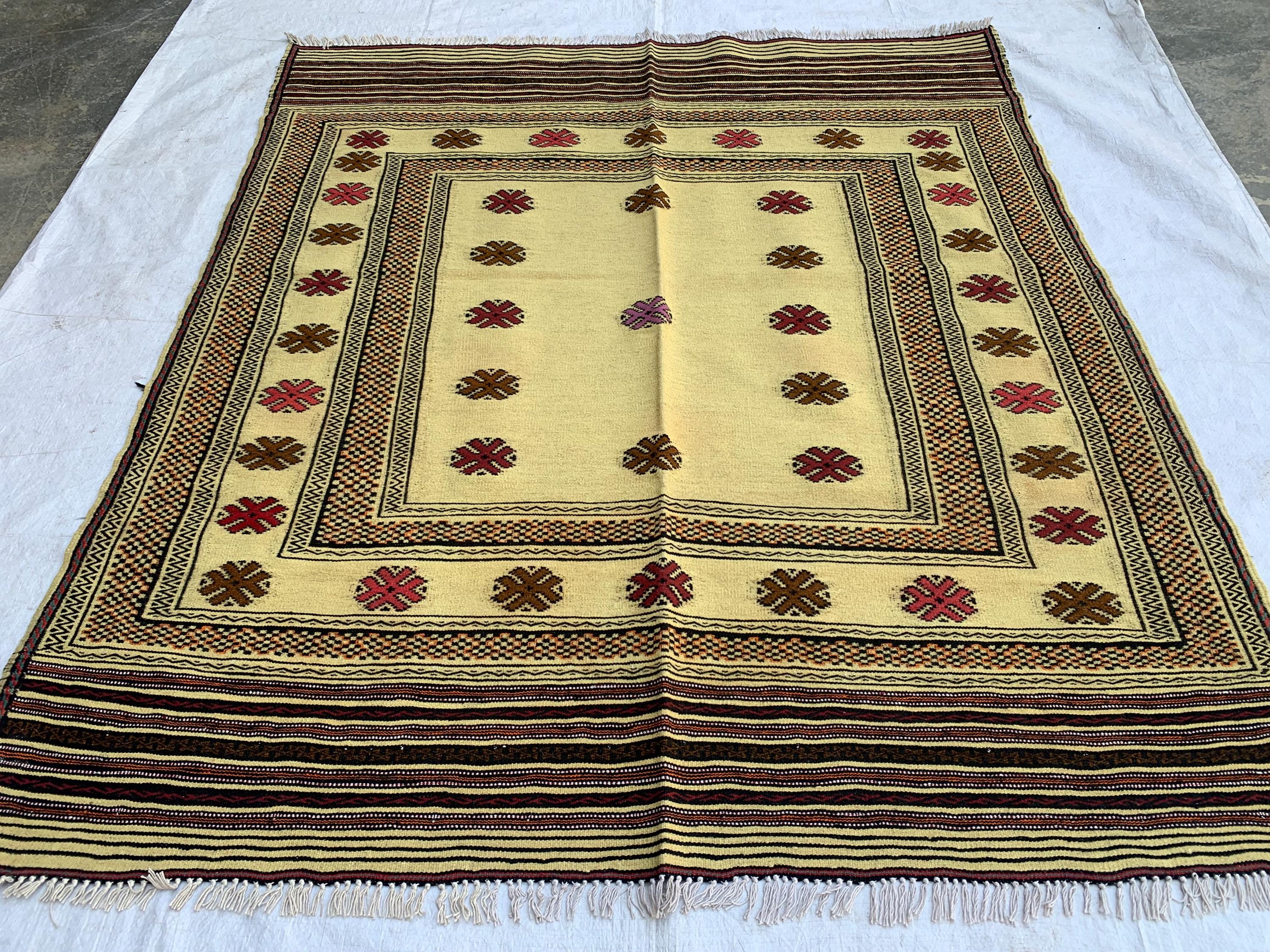 4x5 Handwoven Kilim Square Yellow Rug 4.11x4.4 –Boho Wool Area Carpet, Tribal Geometric Floor Mat, Vintage Ethnic Home Decor, Small Area Rug