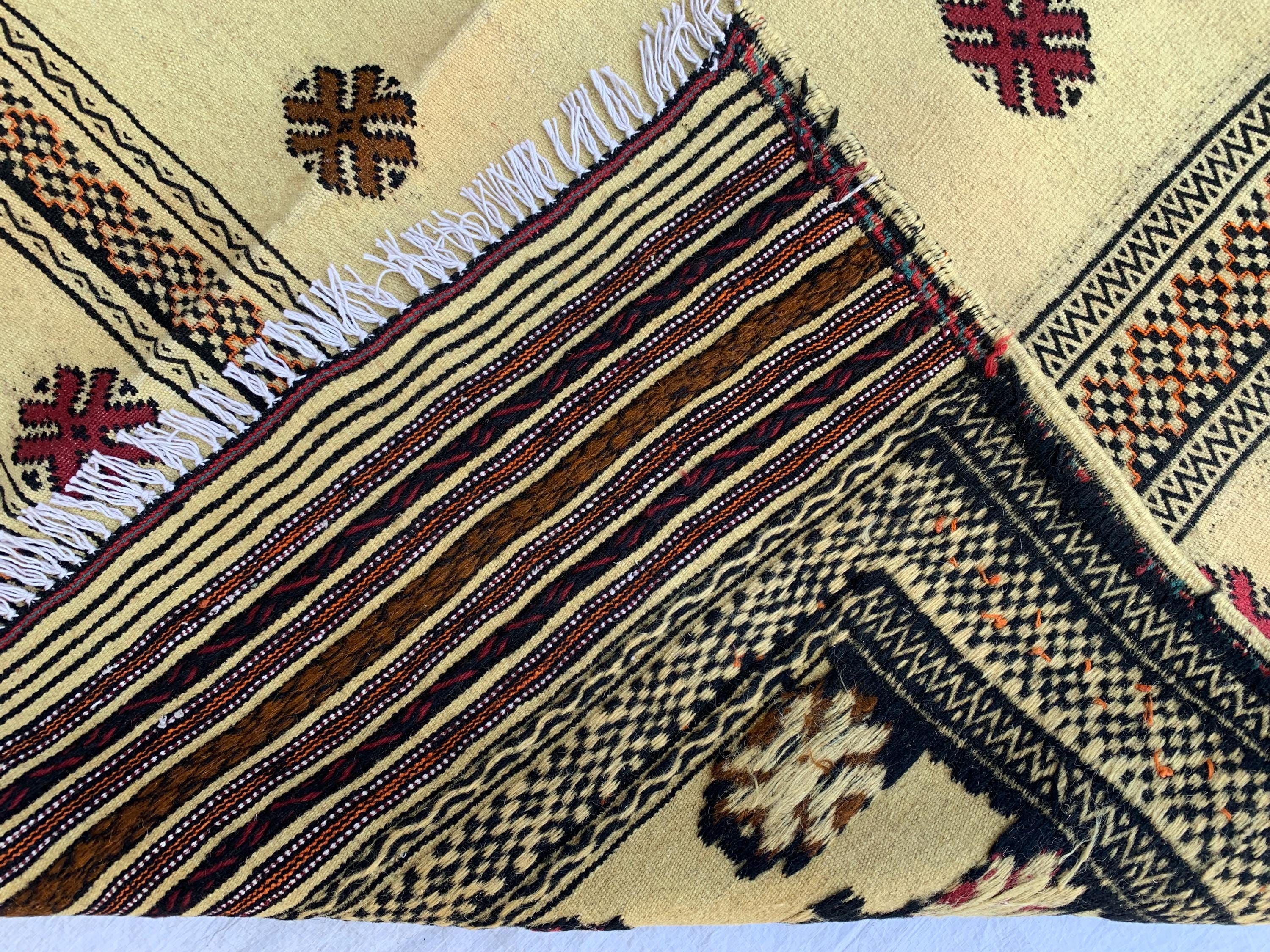 4x5 Handwoven Kilim Square Yellow Rug 4.11x4.4 –Boho Wool Area Carpet, Tribal Geometric Floor Mat, Vintage Ethnic Home Decor, Small Area Rug